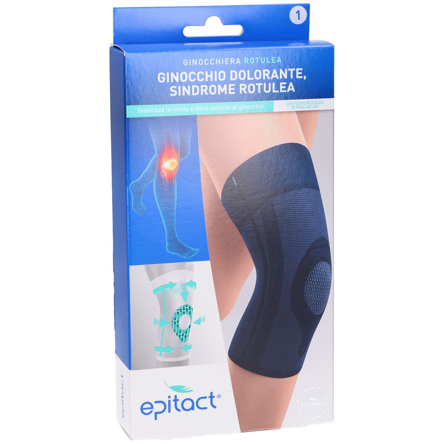 Confezione Epitact Ginocchiera Rotulea. Ginocchiera blu raffigurata. Testo: Ginocchiera Rotulea, Epitact.
