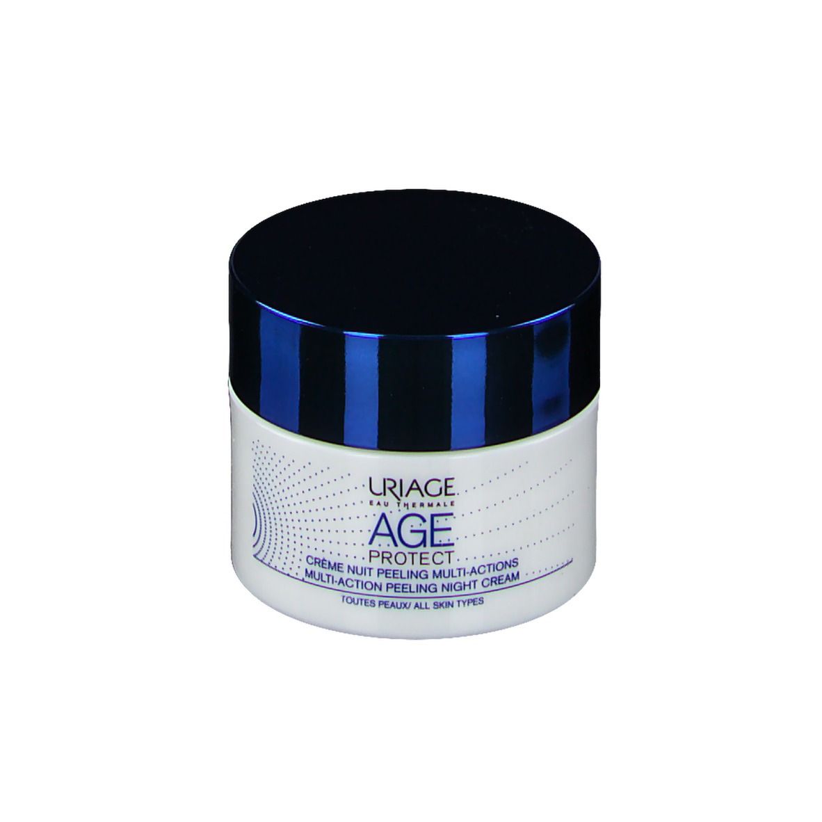 Vaso di crema con coperchio blu. Scritta: URIAGE, AGE PROTECT, Crème Nuit Peeling Multi-Actions. Per tutti i tipi di pelle.