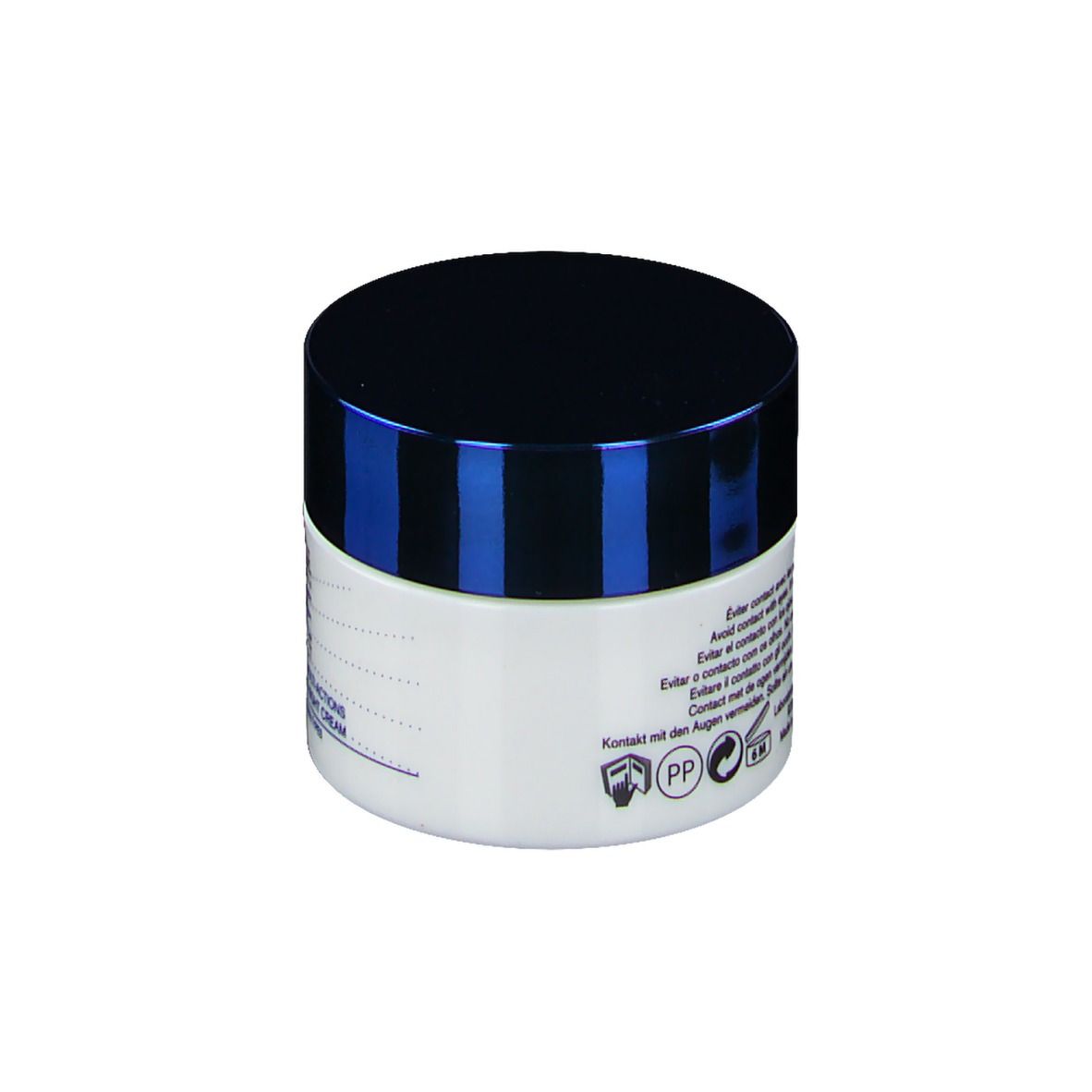 Vaso di crema con coperchio blu. Retro con testo e simboli. Volume: 50ml.