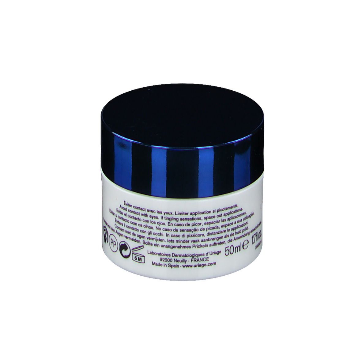 Vaso di crema con coperchio blu. Retro con testo e simboli. Volume: 50ml.