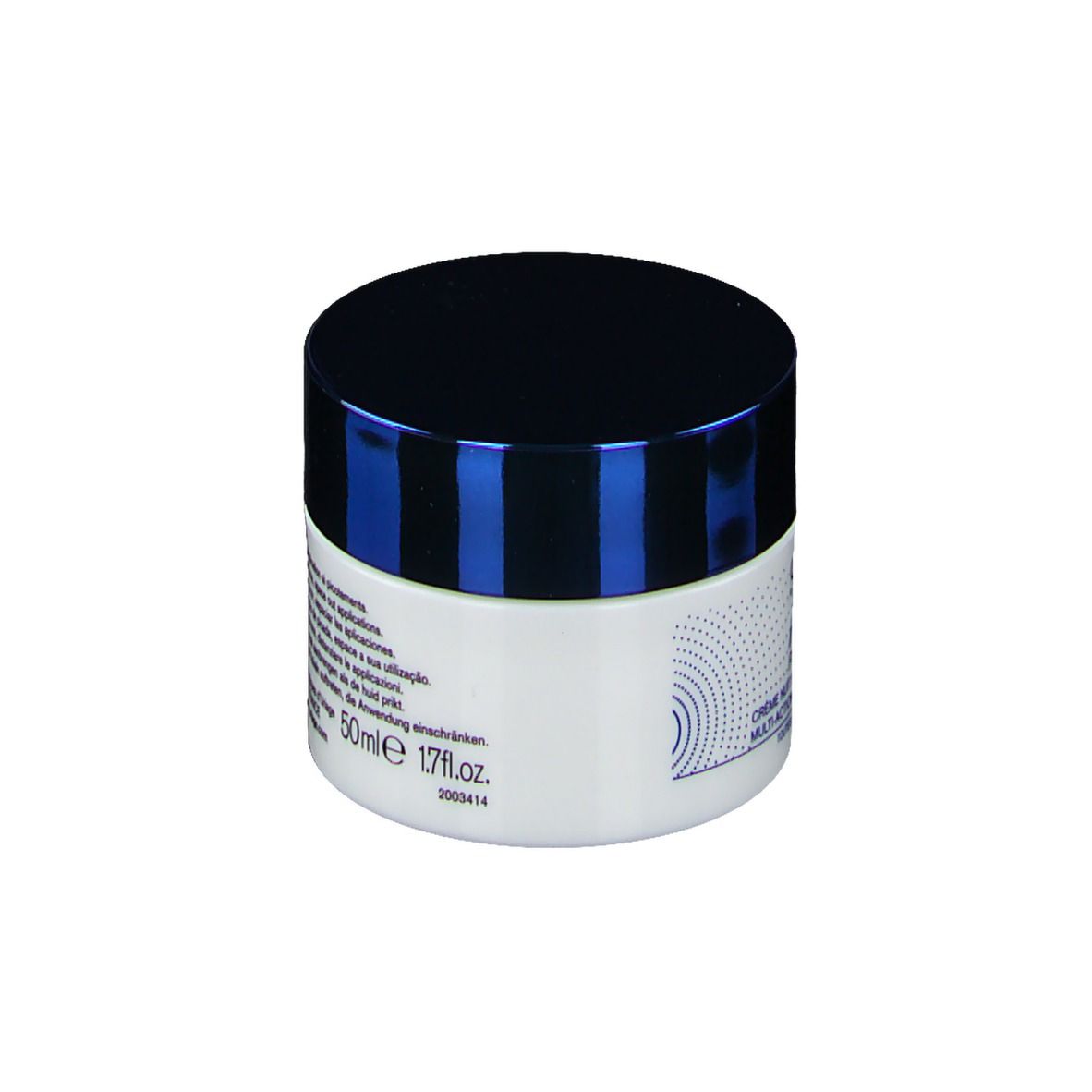 Vaso di crema con coperchio blu. Retro con testo e simboli. Volume: 50ml.