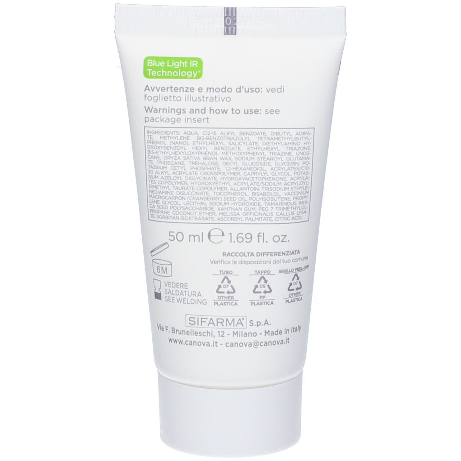 Rückseite der weißen Tube. Text: Inhaltsstoffe, 50 ml, 1.69 fl. oz., Recycling-Symbole, Warnhinweise.