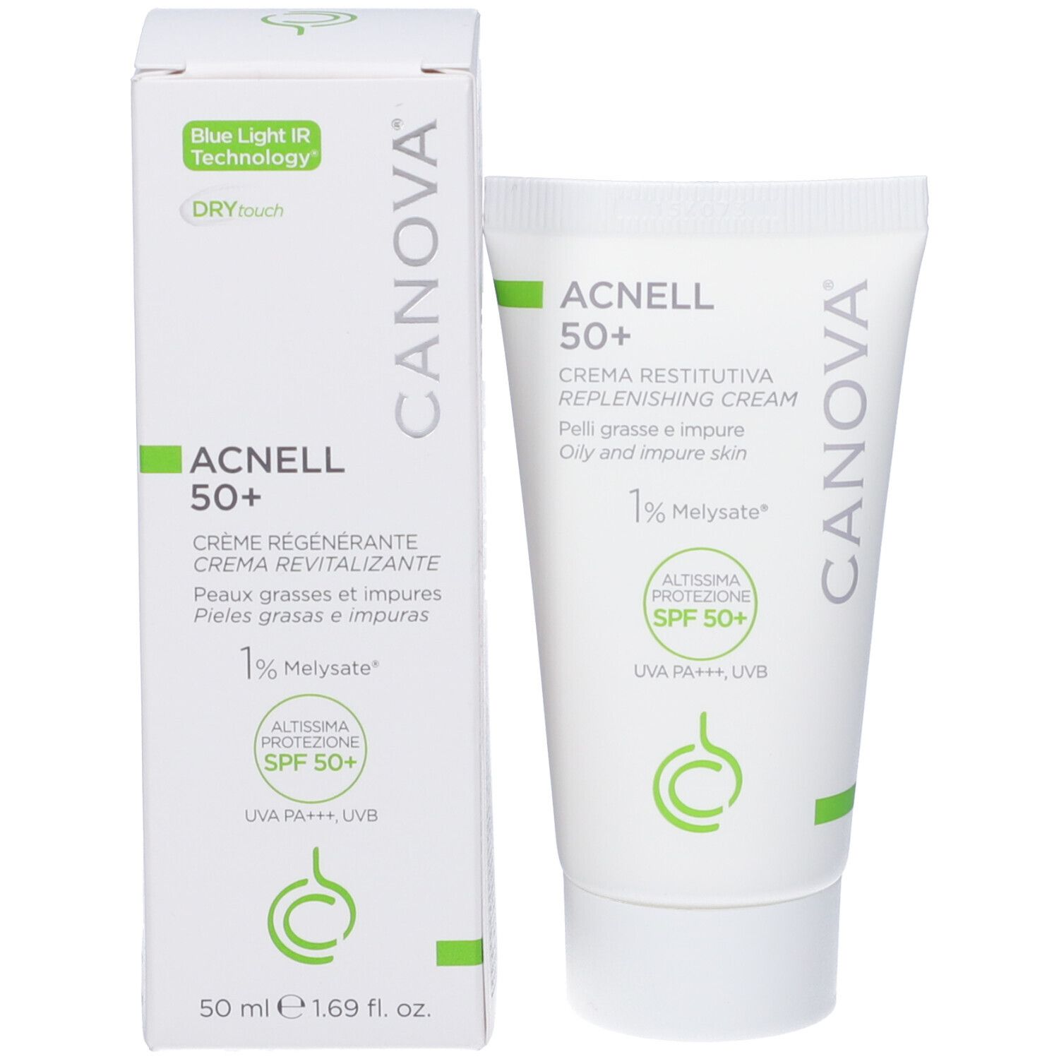 Produktverpackung und Tube. Verpackung: Weiß mit grünem Text. Tube: Weiß mit grünem Text. Beide: Acnell 50+, CANOVA.