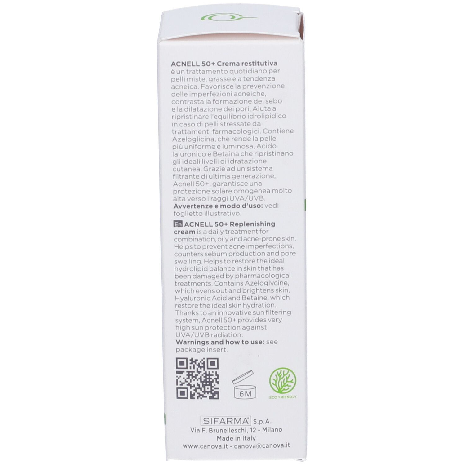 Rückseite der Produktverpackung. Text: Acnell 50+ Creme, Beschreibung, Anwendungshinweise, QR-Code, 6M-Symbol.