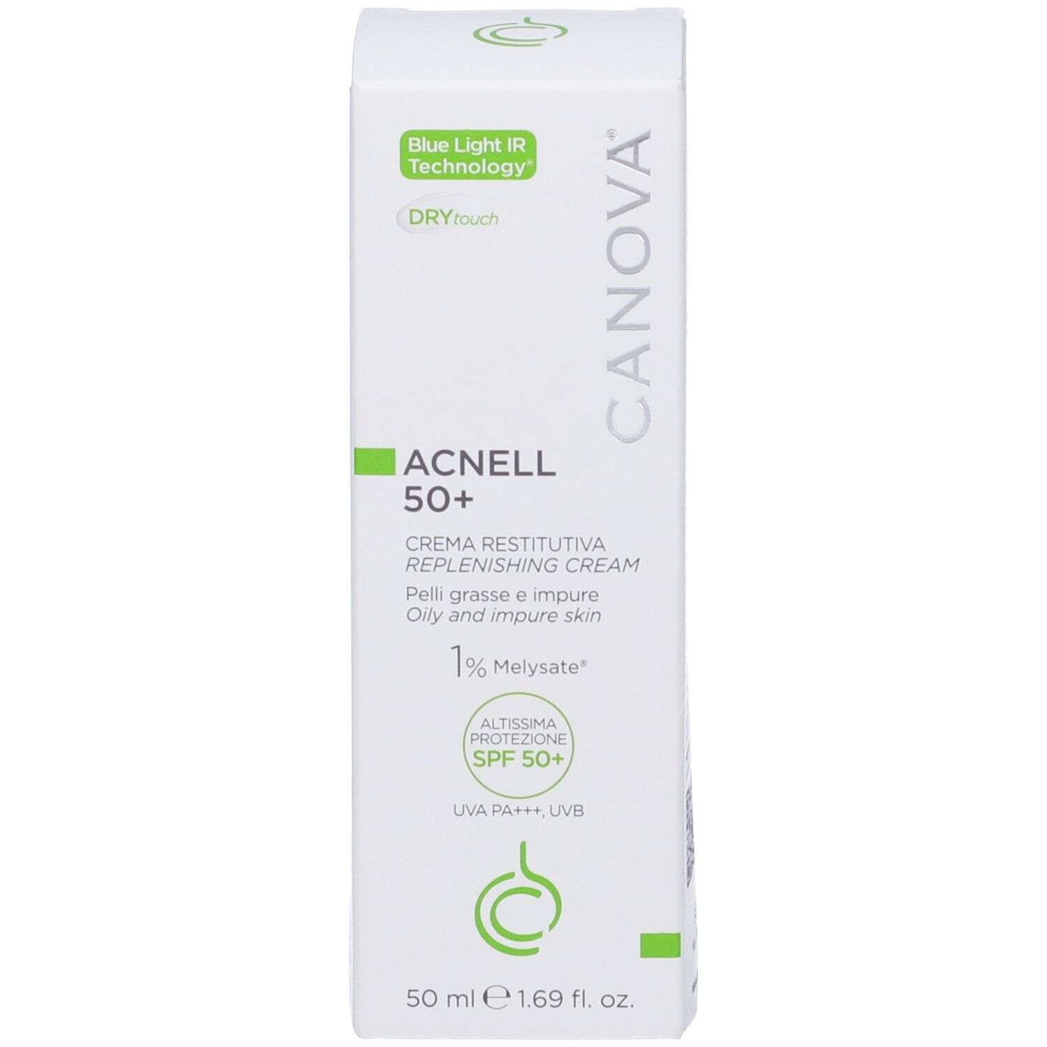 Produktverpackung. Weiß mit grünem Text. Text: Acnell 50+, CANOVA, Creme Regenerante, SPF 50+, 50 ml.