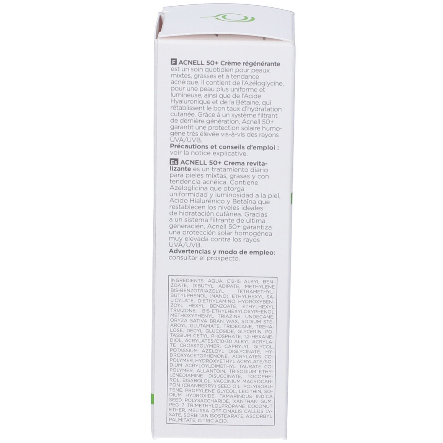 Rückseite der Produktverpackung. Text: Acnell 50+ Creme, Beschreibung, Anwendungshinweise, Inhaltsstoffe, QR-Code.