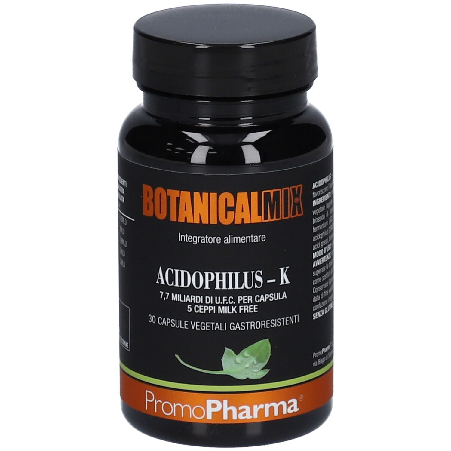 Flacone marrone con tappo nero. Scritta: Botanical Mix Acidophilus-K. 30 capsule. Marchio: PromoPharma.