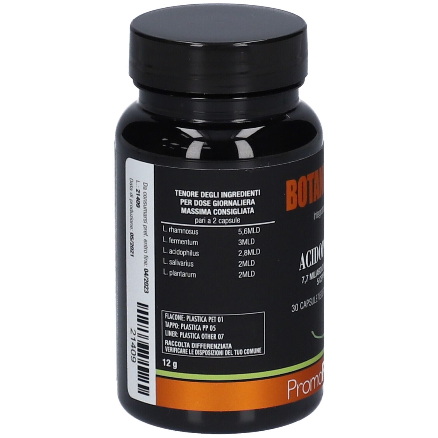 Flacone marrone con tappo nero. Scritta: Botanical Mix Acidophilus-K. 30 capsule. Marchio: PromoPharma.