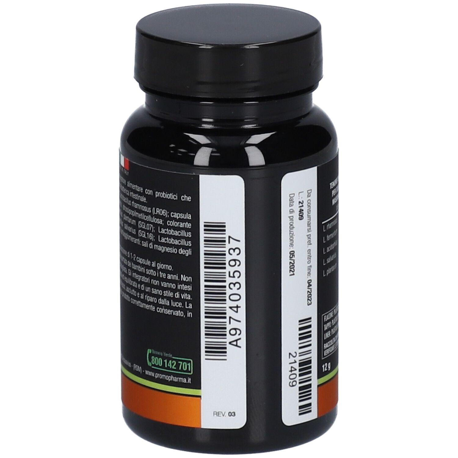 Flacone marrone con tappo nero. Scritta: Botanical Mix Acidophilus-K. 30 capsule. Marchio: PromoPharma.