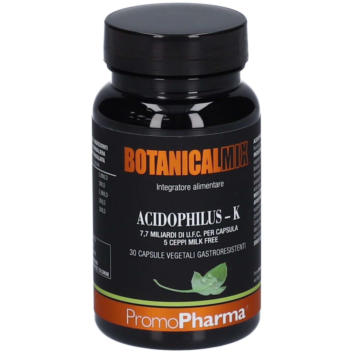 Flacone marrone con tappo nero. Scritta: Botanical Mix Acidophilus-K. 30 capsule. Marchio: PromoPharma.