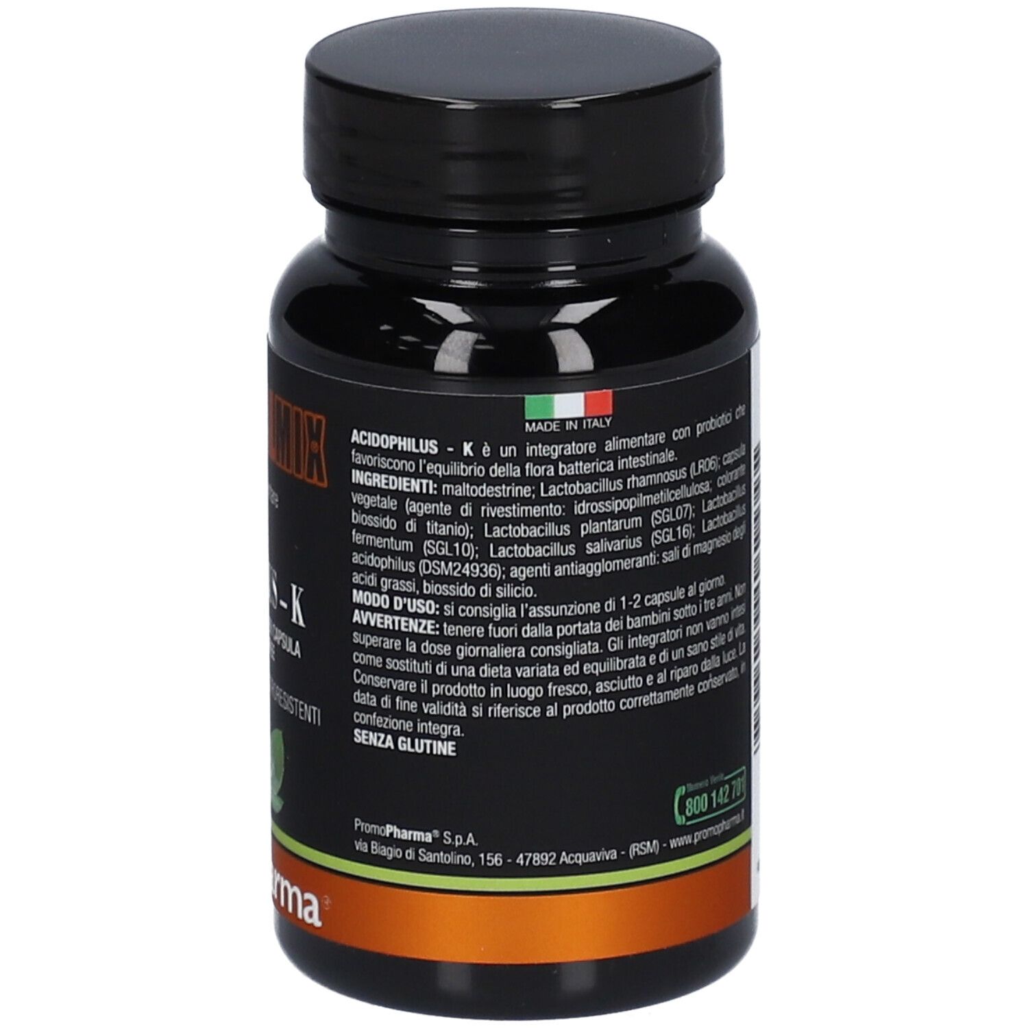 Flacone marrone con tappo nero. Scritta: Botanical Mix Acidophilus-K. 30 capsule. Marchio: PromoPharma.