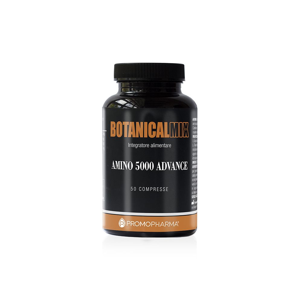 Flacone marrone con tappo nero. Scritta: Botanical Mix, Amino 5000 Advance, 50 compresse. Marchio: Promopharma.