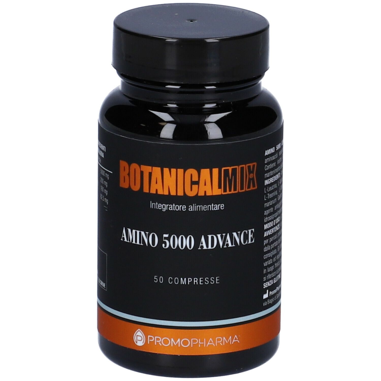 Flacone marrone con tappo nero. Scritta: Botanical Mix, Amino 5000 Advance, 50 compresse. Marchio: Promopharma.