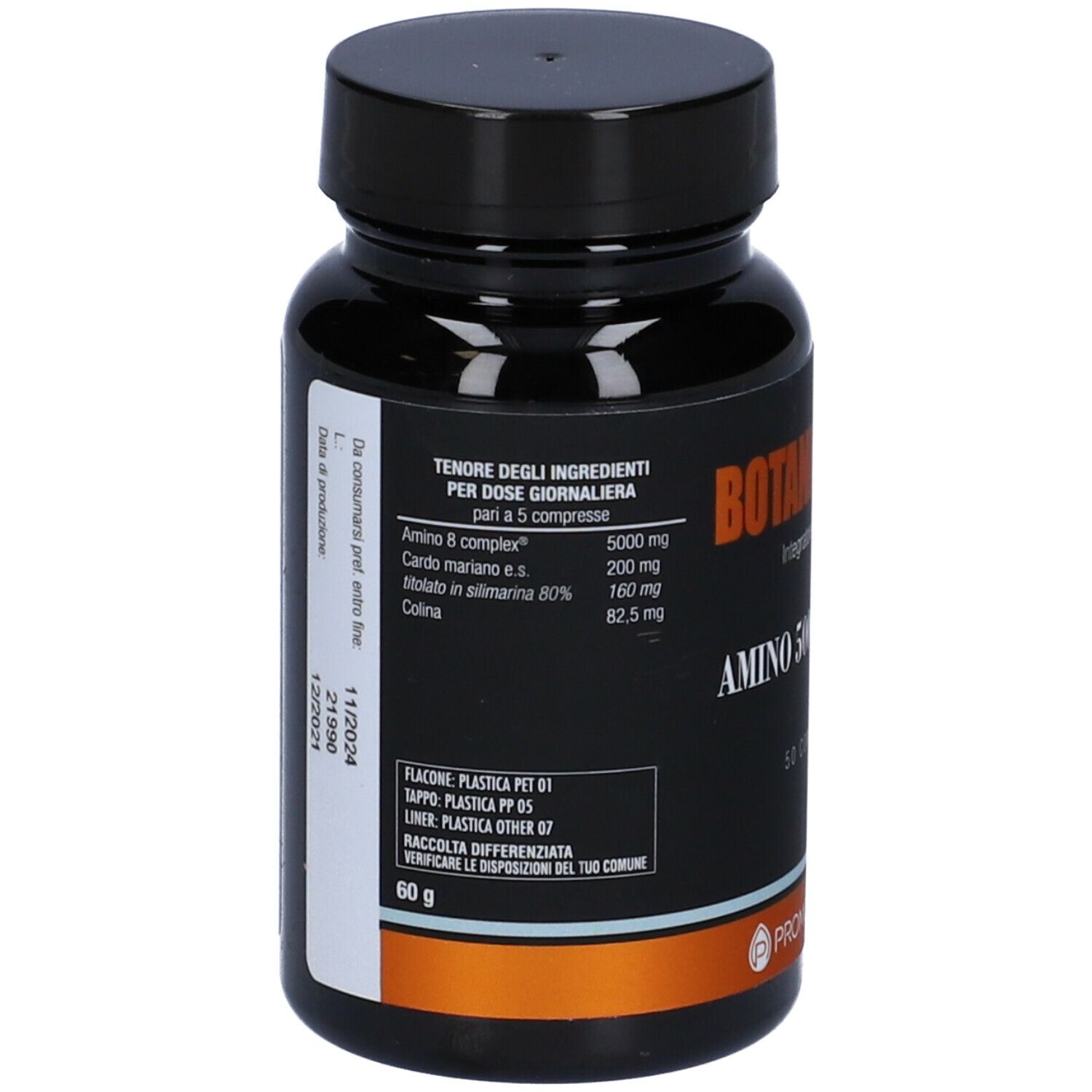 Flacone marrone con tappo nero. Scritta: Botanical Mix, Amino 5000 Advance, 50 compresse. Marchio: Promopharma.