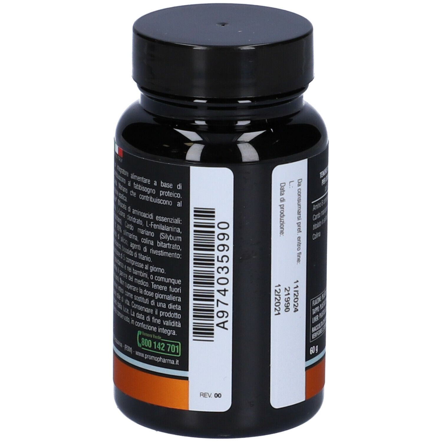 Flacone marrone con tappo nero. Scritta: Botanical Mix, Amino 5000 Advance, 50 compresse. Marchio: Promopharma.