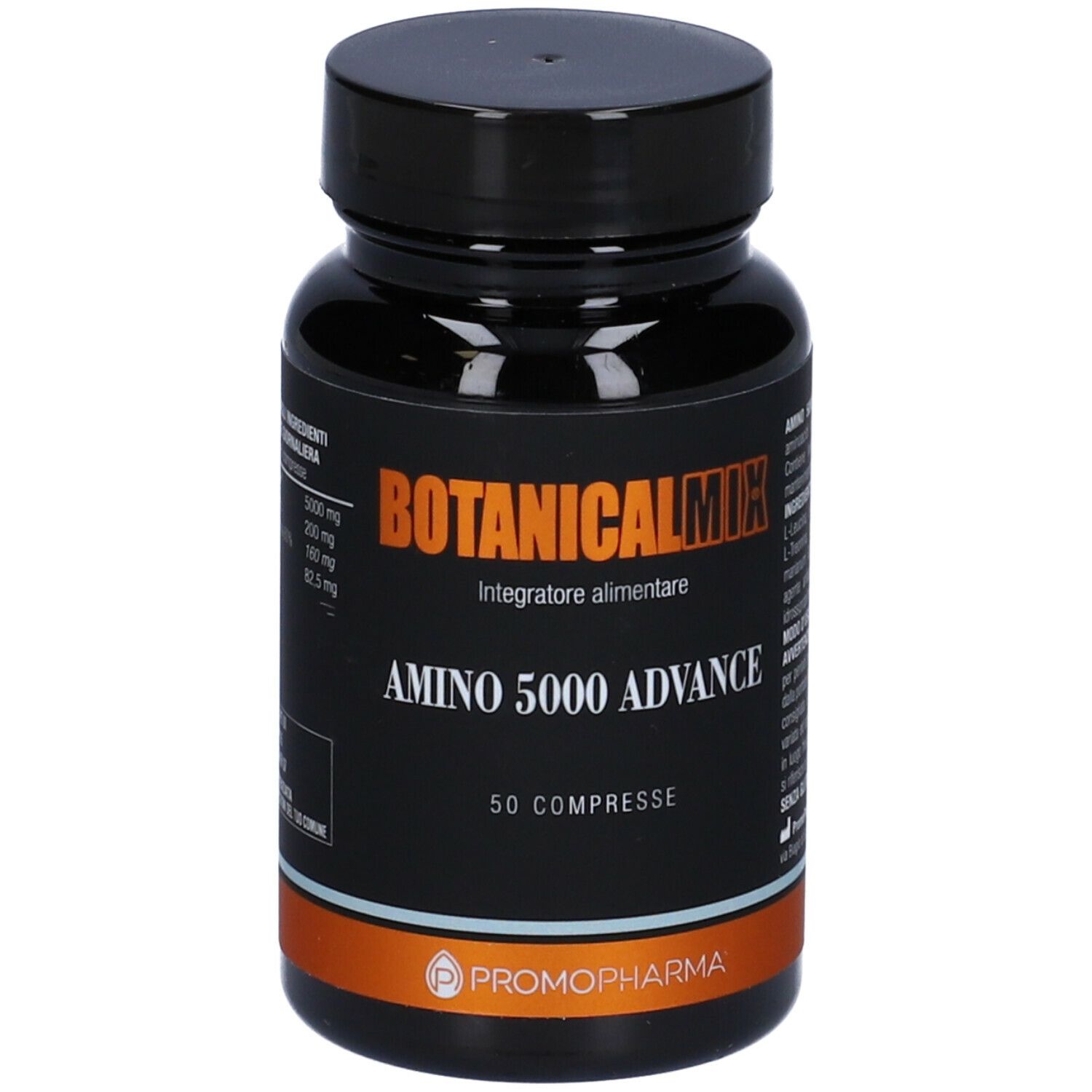 Flacone marrone con tappo nero. Scritta: Botanical Mix, Amino 5000 Advance, 50 compresse. Marchio: Promopharma.