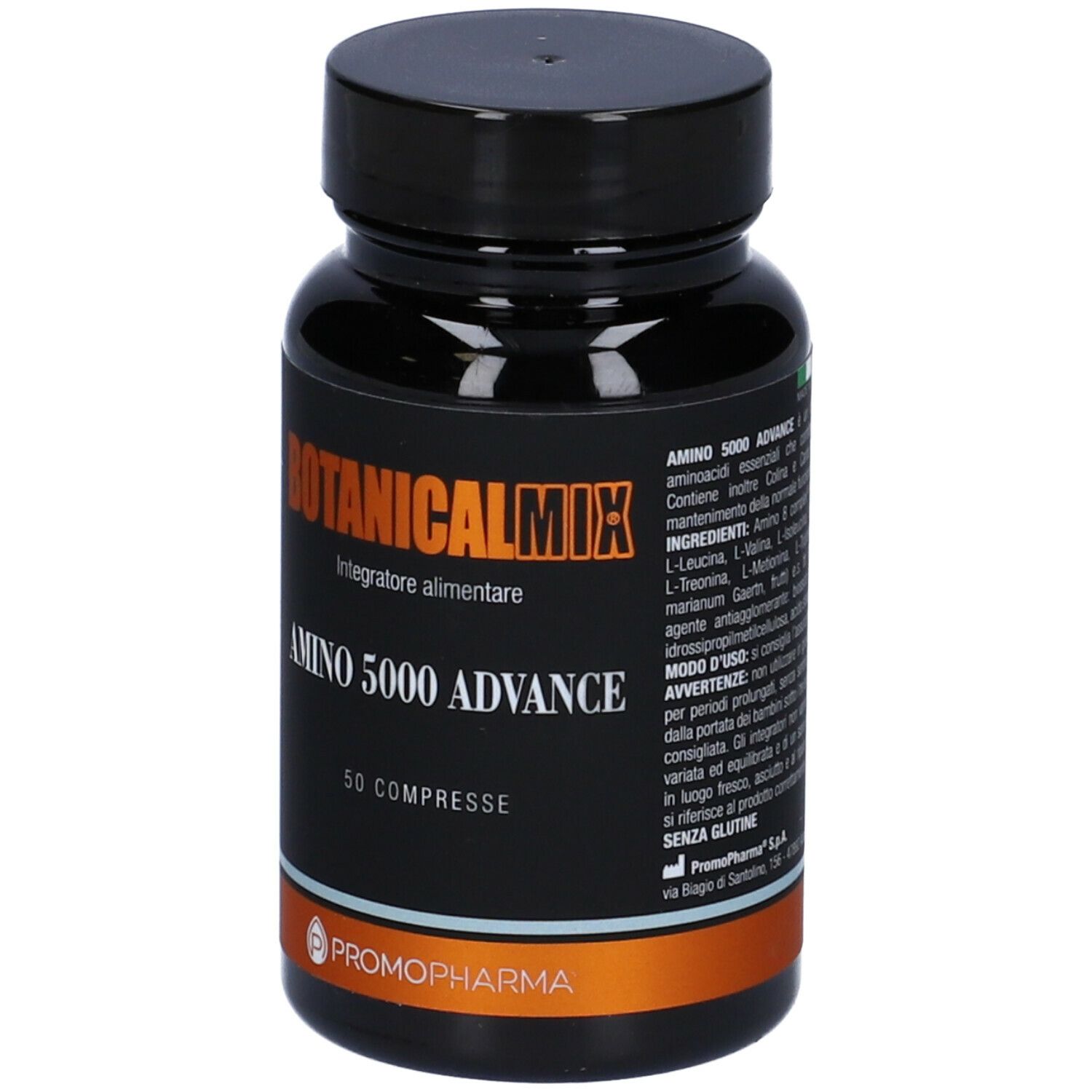 Flacone marrone con tappo nero. Scritta: Botanical Mix, Amino 5000 Advance, 50 compresse. Marchio: Promopharma.