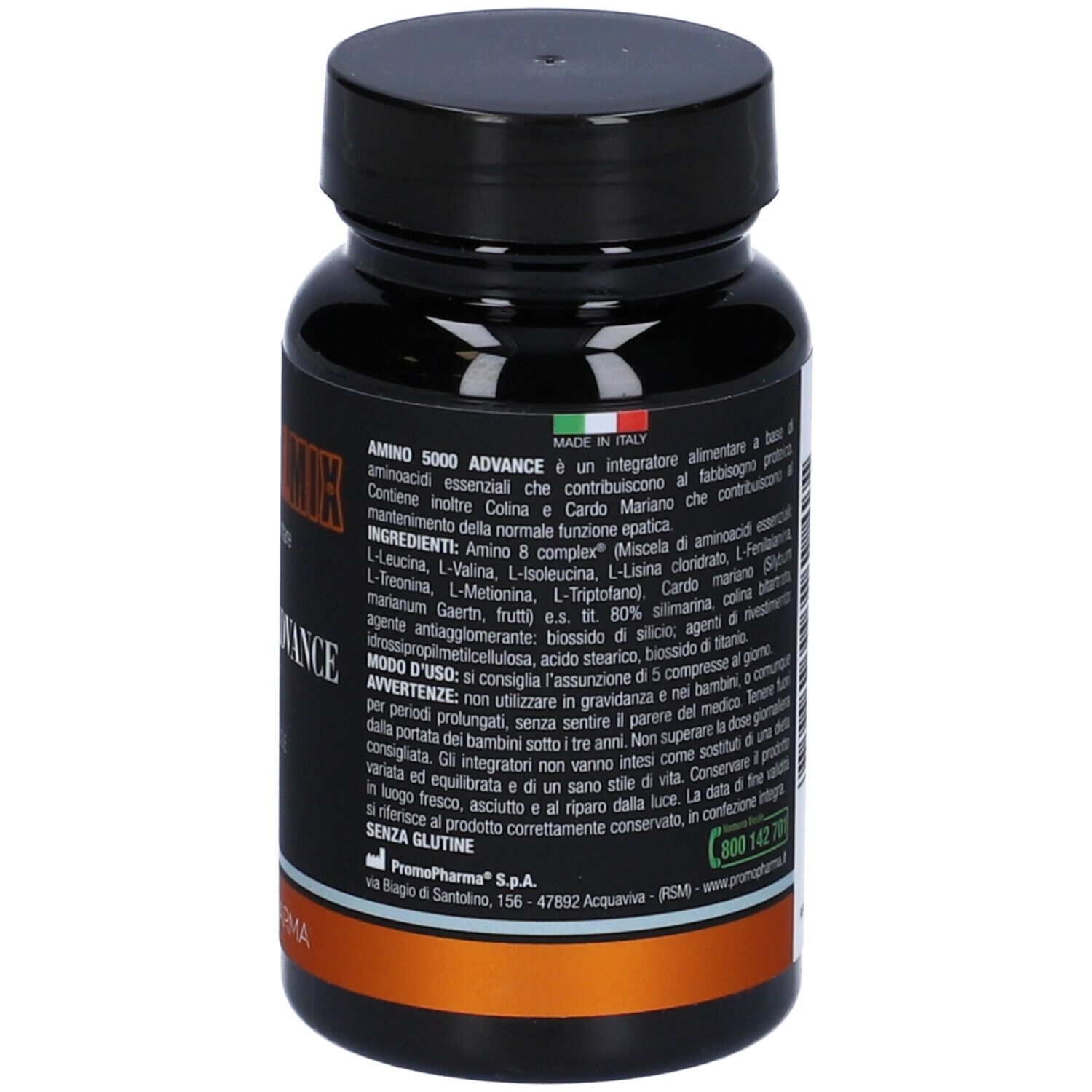 Flacone marrone con tappo nero. Scritta: Botanical Mix, Amino 5000 Advance, 50 compresse. Marchio: Promopharma.