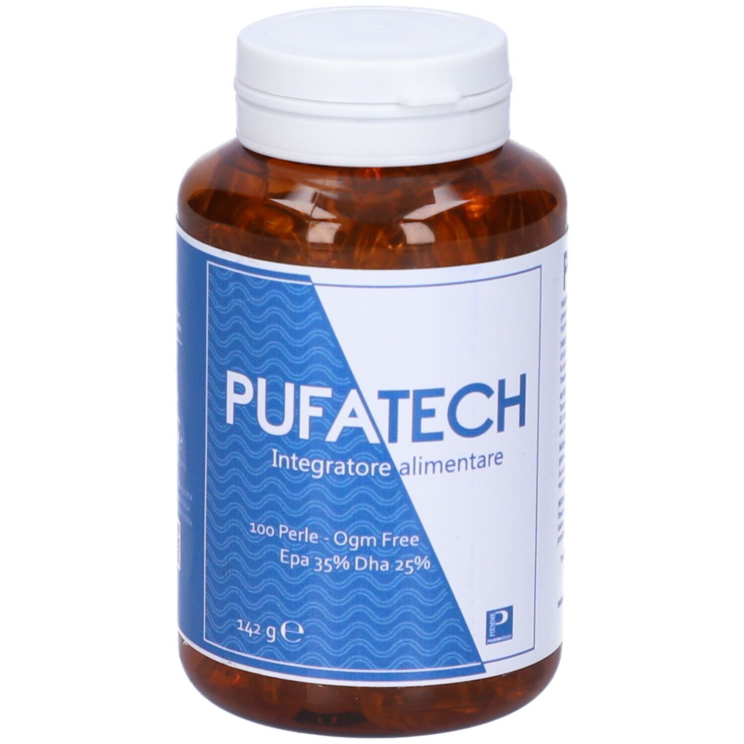 Flacone Pufatech con tappo bianco. Etichetta blu e bianca con informazioni sul prodotto. 100 Perle, OGM Free, EPA 35%, DHA 25%.