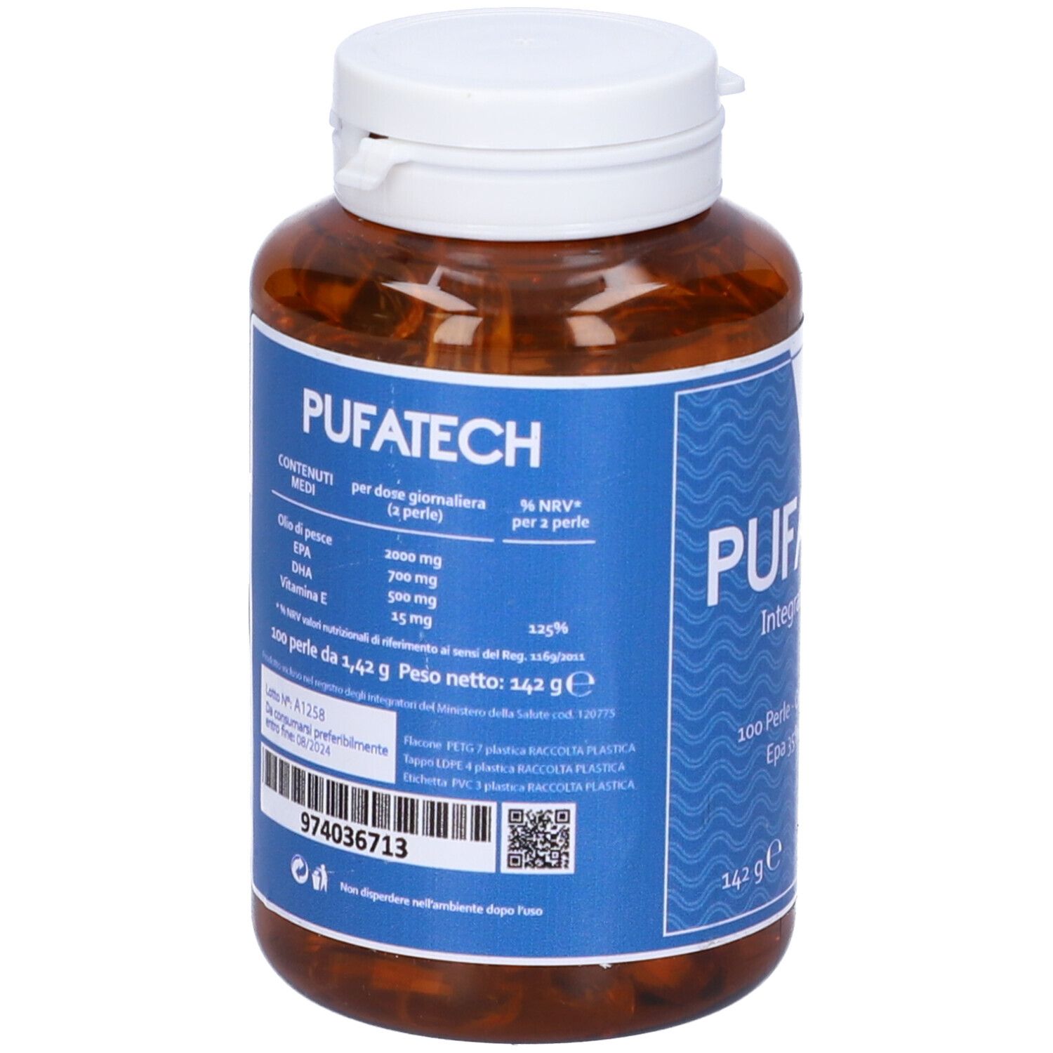 Flacone Pufatech con tappo bianco. Retro con informazioni sul prodotto. 100 Perle, EPA, DHA, Vitamina C. Codice QR e numero di lotto.