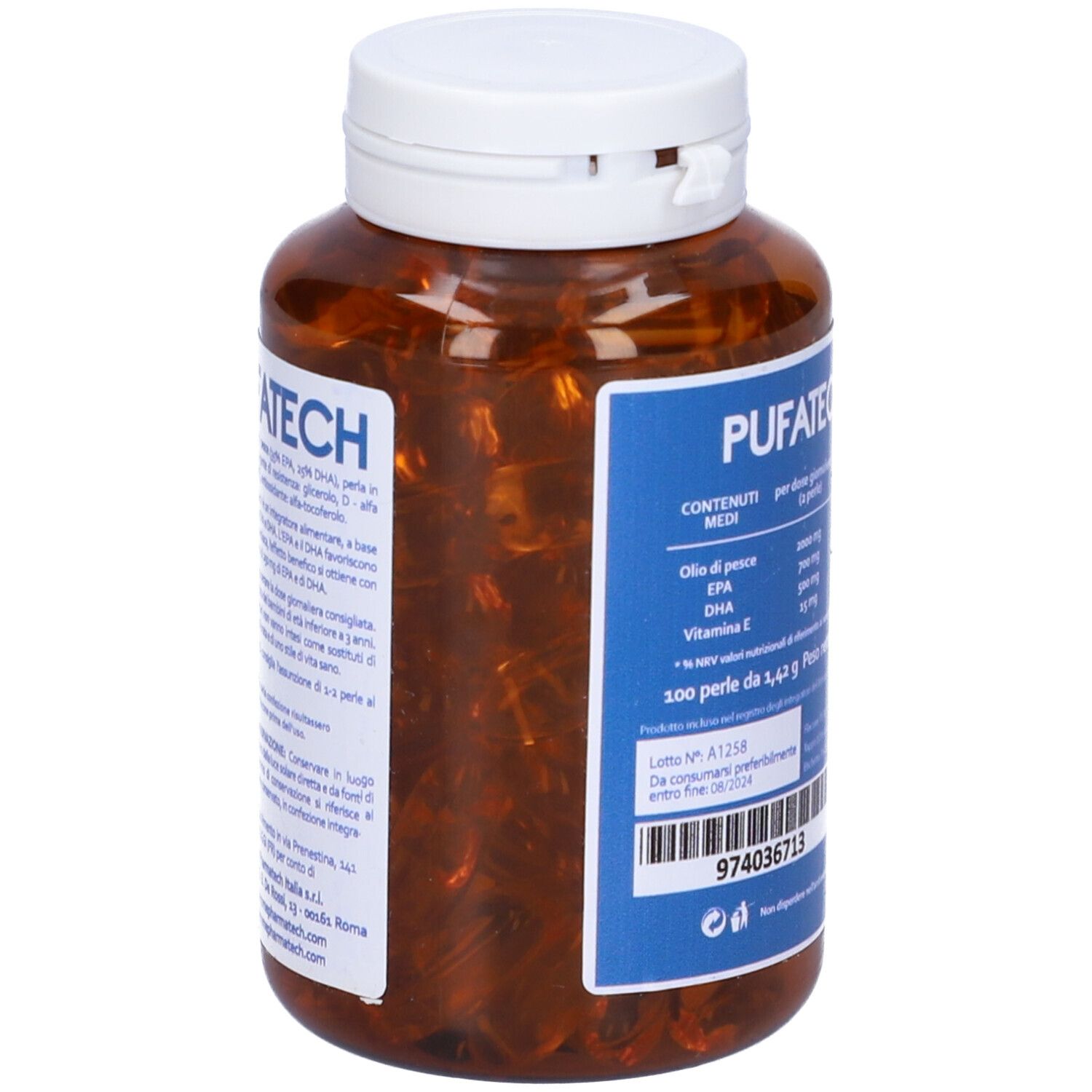 Flacone Pufatech con tappo bianco. Retro con informazioni sul prodotto. 100 Perle, EPA, DHA, Vitamina C. Codice QR e numero di lotto.