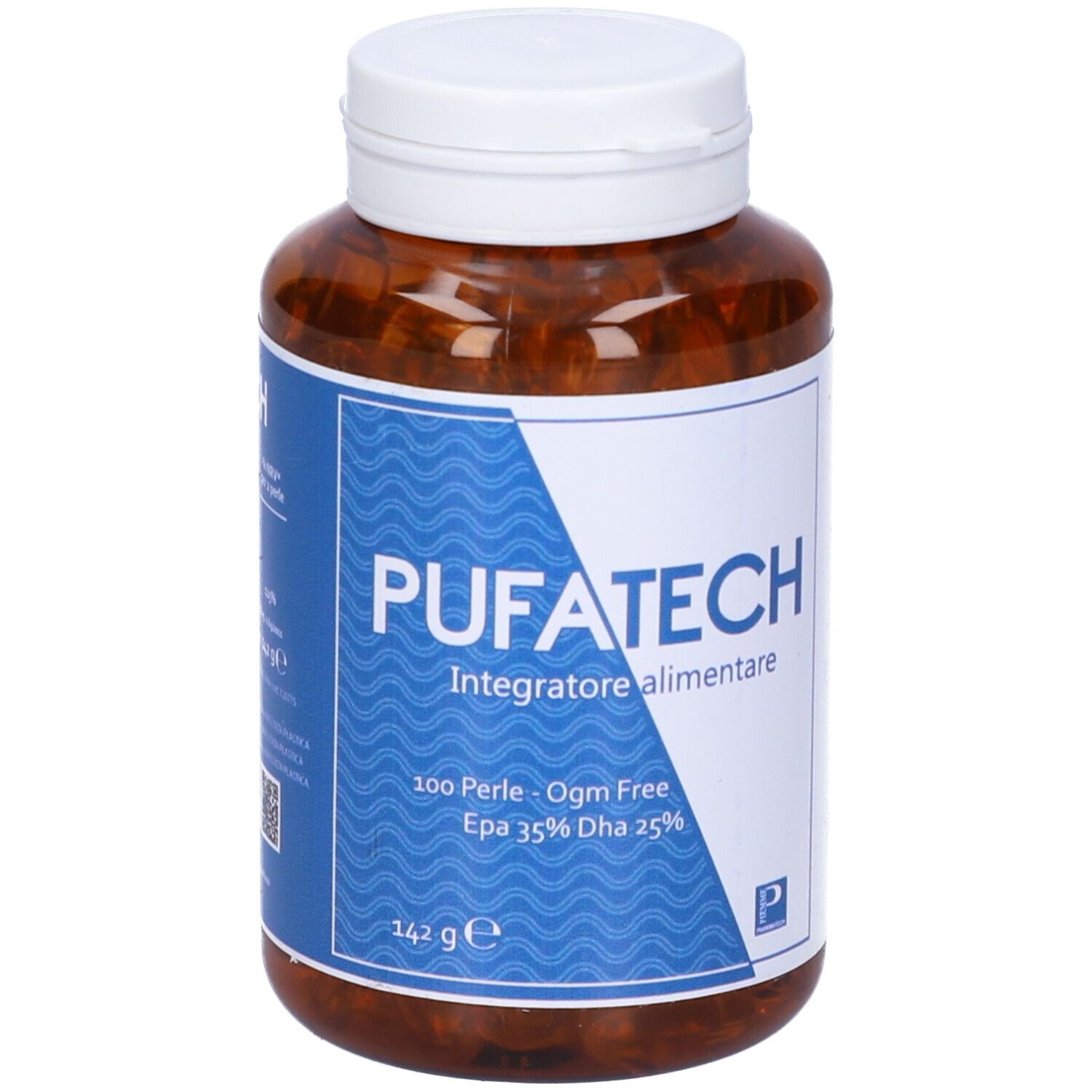 Flacone Pufatech con tappo bianco. Etichetta blu e bianca con informazioni sul prodotto. 100 Perle, OGM Free, EPA 35%, DHA 25%.