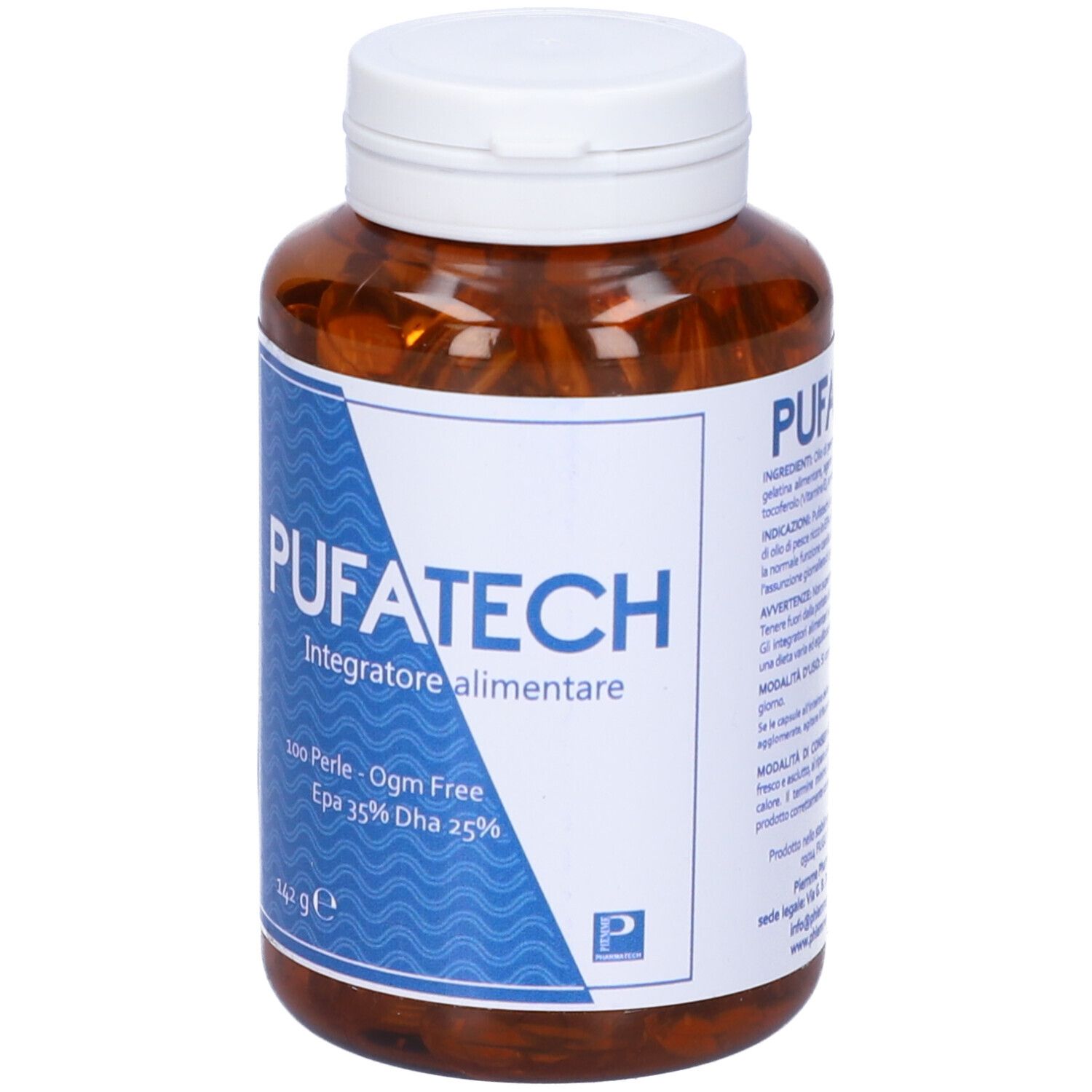 Flacone Pufatech con tappo bianco. Etichetta blu e bianca con informazioni sul prodotto. 100 Perle, OGM Free, EPA 35%, DHA 25%.