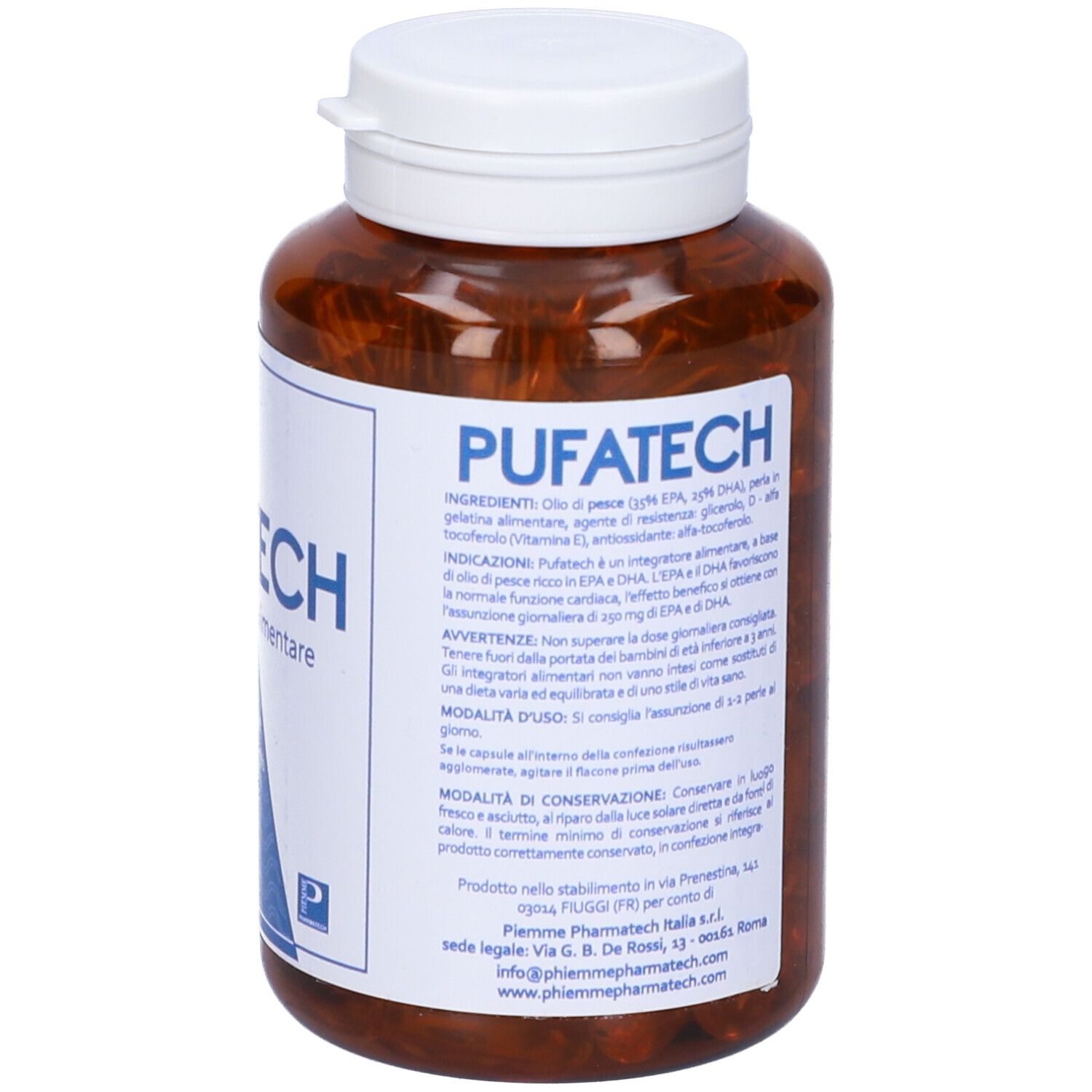 Flacone Pufatech con tappo bianco. Retro con informazioni sul prodotto. Ingredienti, istruzioni per l'uso, indirizzo del produttore.