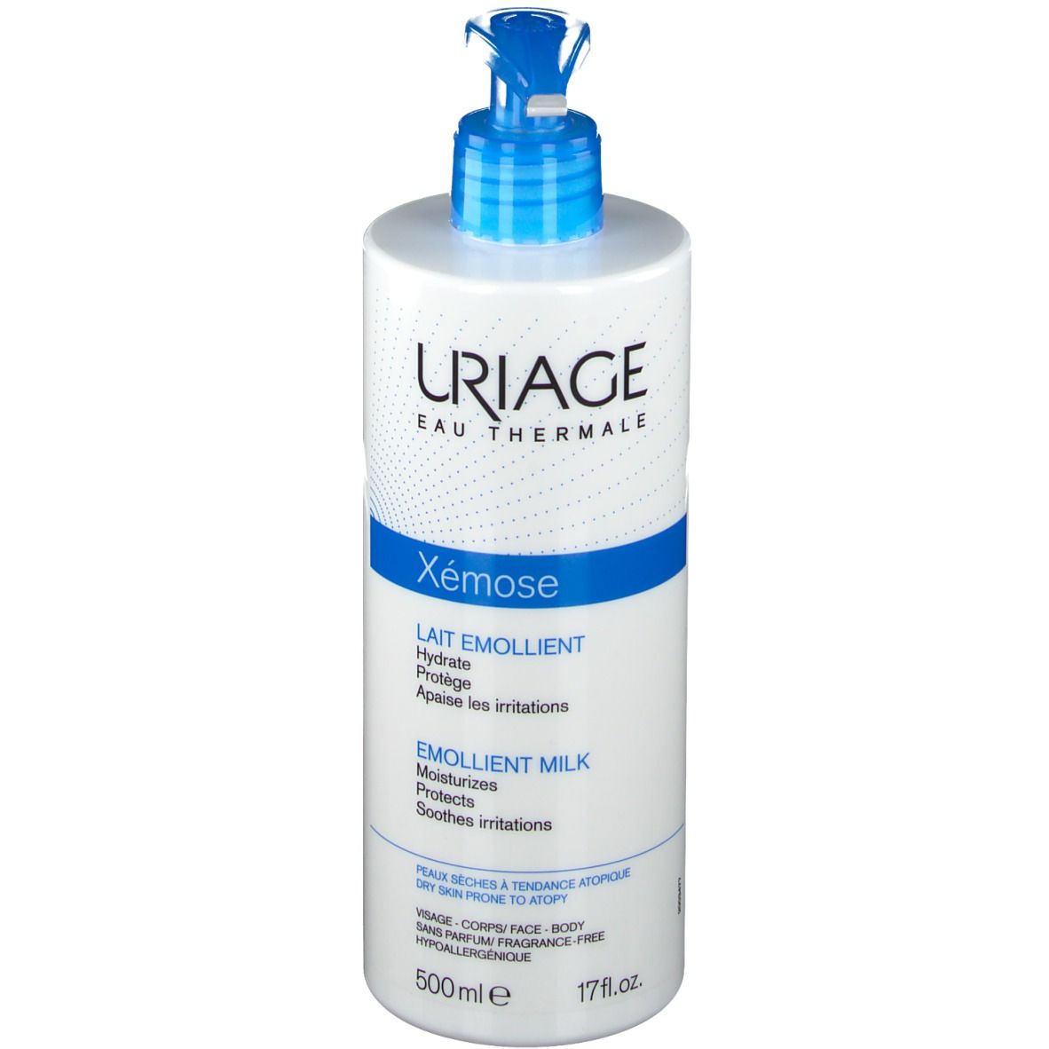 Flacon blanc avec pompe bleue. Inscriptions URIAGE, Xémose, Lait Emollient. 500ml.