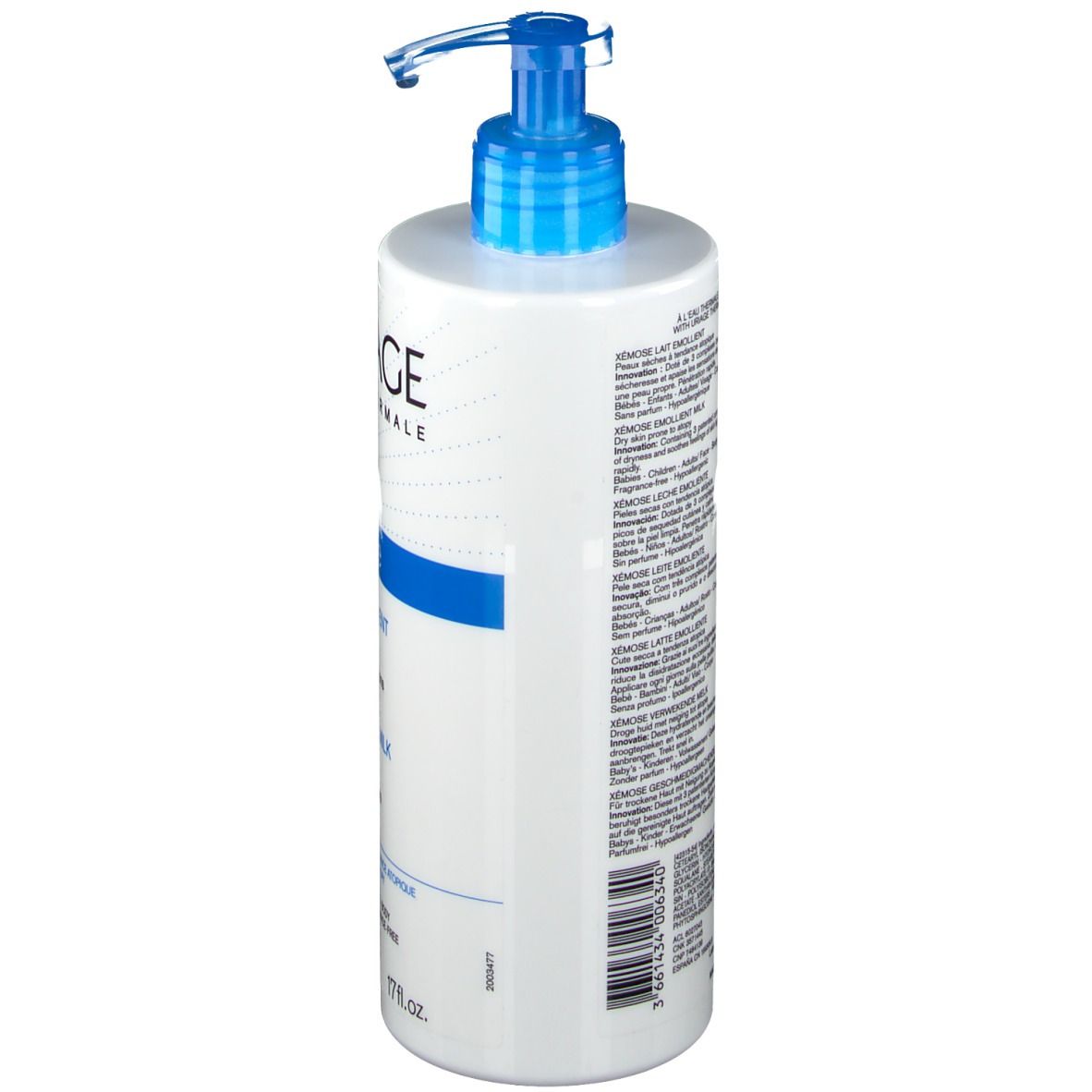 Flacon blanc avec pompe bleue. Inscriptions URIAGE, Xémose, Lait Emollient. Texte au dos.