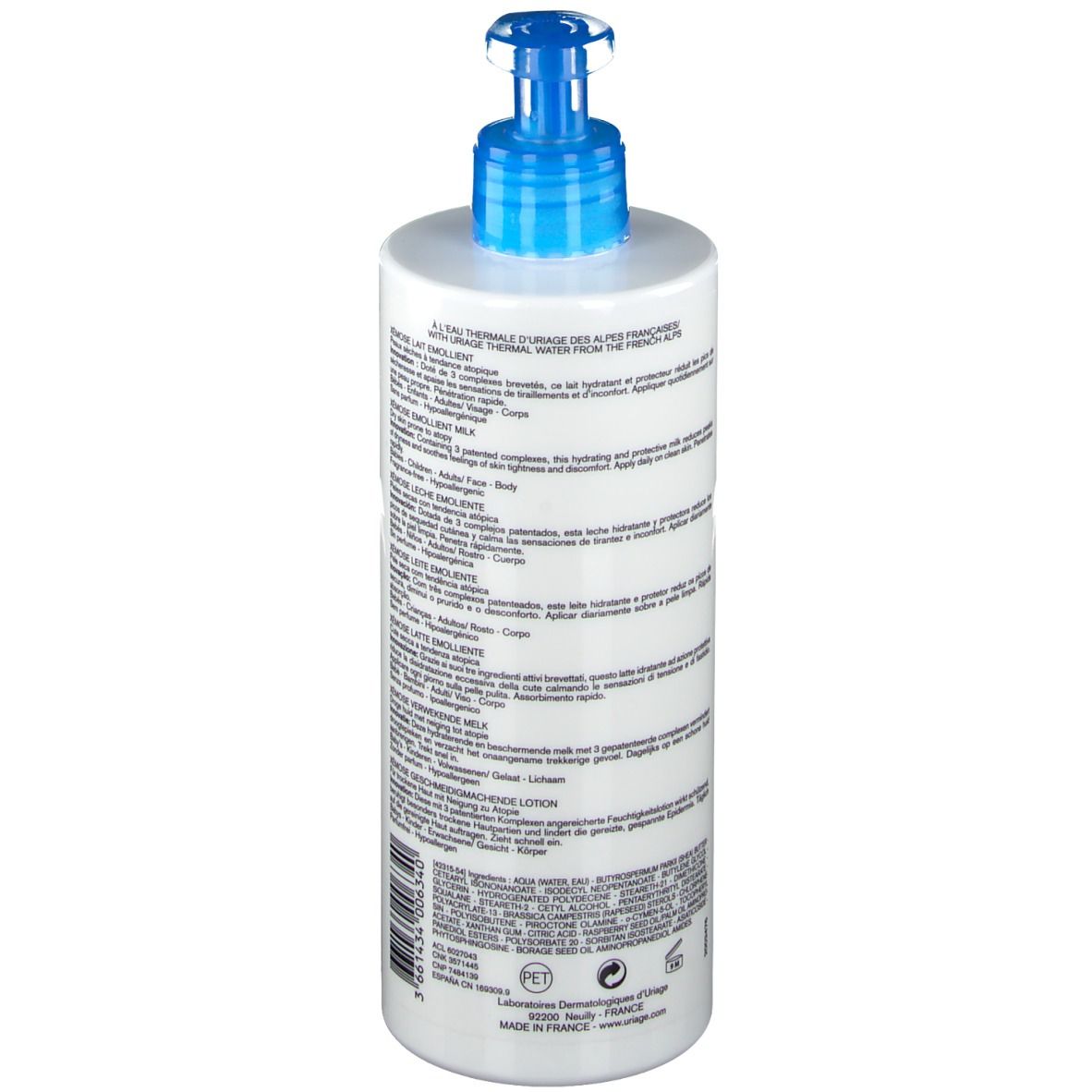 Flacon blanc avec pompe bleue. Inscriptions URIAGE, Xémose, Lait Emollient. Texte au dos.