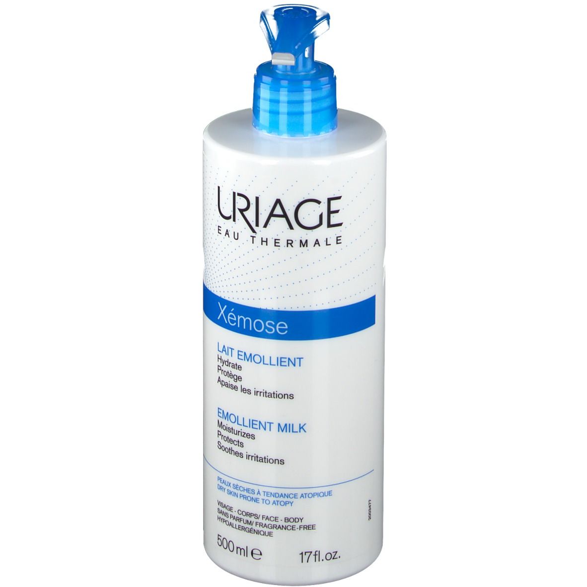 Flacon blanc avec pompe bleue. Inscriptions URIAGE, Xémose, Lait Emollient. 500ml.
