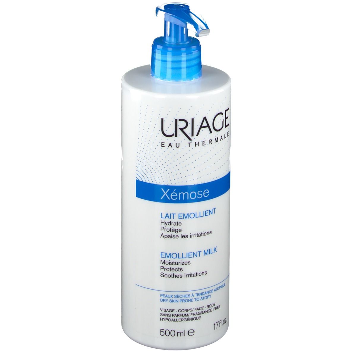 Flacon blanc avec pompe bleue. Inscriptions URIAGE, Xémose, Lait Emollient. 500ml.