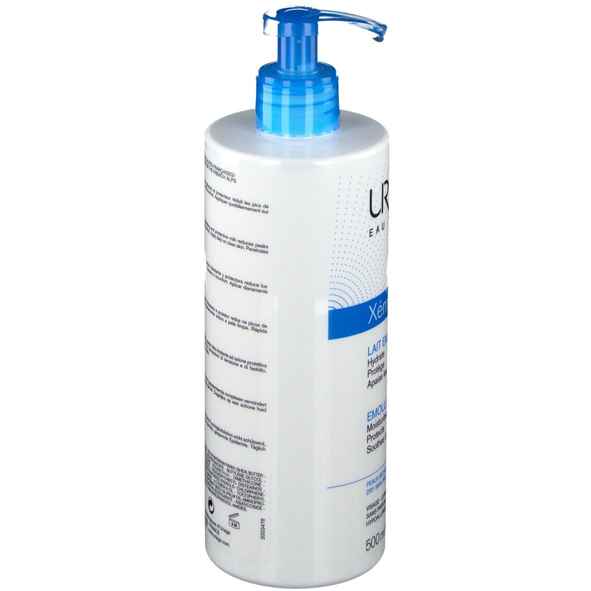 Flacon blanc avec pompe bleue. Inscriptions URIAGE, Xémose, Lait Emollient. Texte au dos.