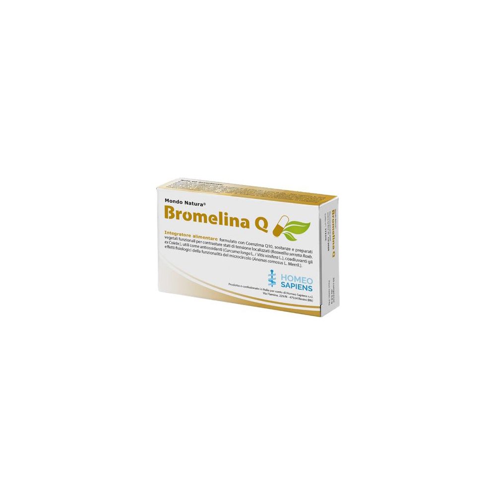 Confezione in cartone con nome e logo del prodotto. Scatola bianco-gialla con scritta Bromelina Q.