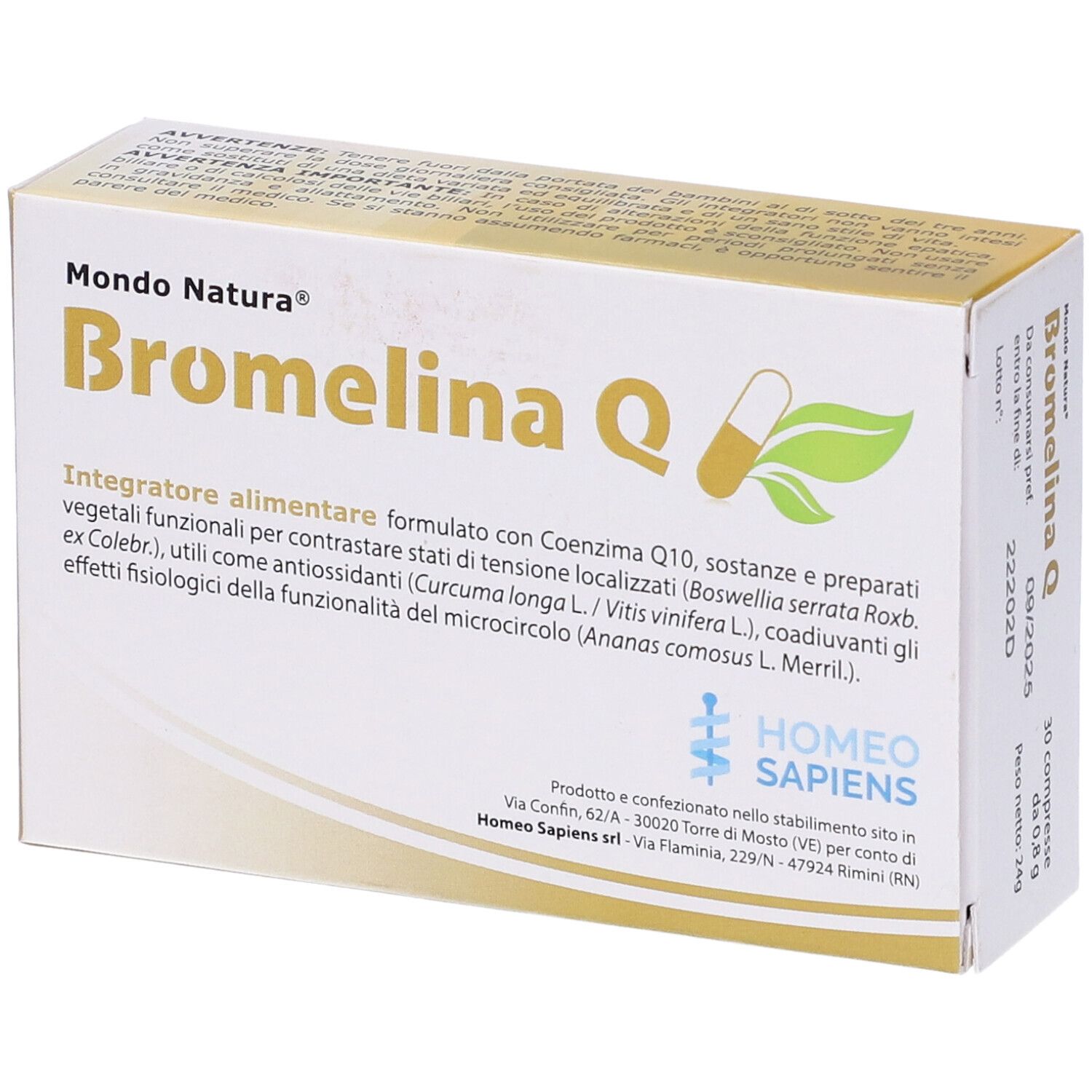 Primo piano della confezione del prodotto. Stampa con nome del prodotto, ingredienti e logo. Scatola giallo-bianca.