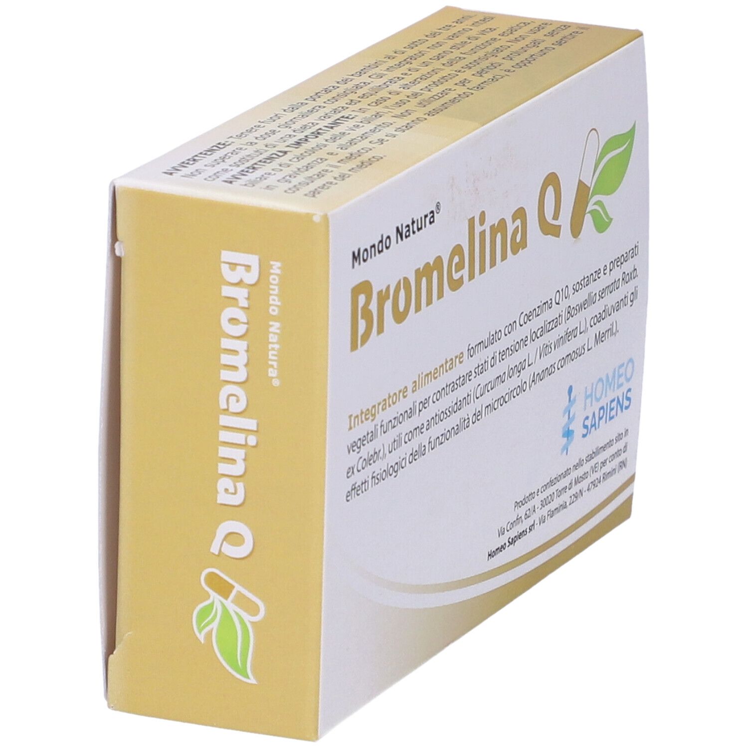Vista obliqua della confezione del prodotto. Stampa con nome del prodotto e logo. Scatola giallo-bianca.