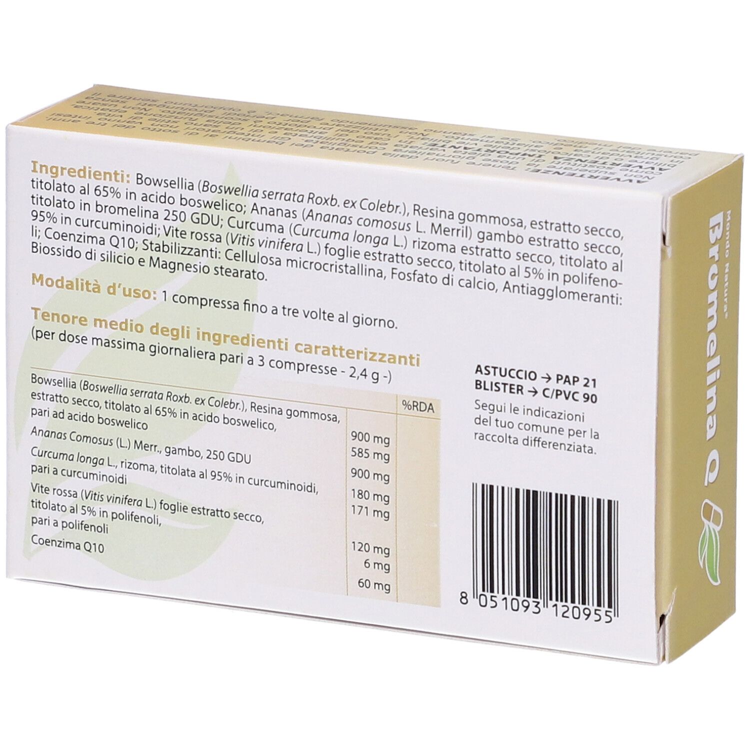 Retro della confezione del prodotto. Stampa con ingredienti e informazioni nutrizionali. Scatola giallo-bianca.