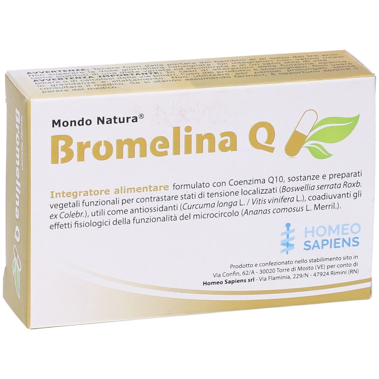 Confezione del prodotto con nome e logo. Scatola giallo-bianca con scritta Bromelina Q.