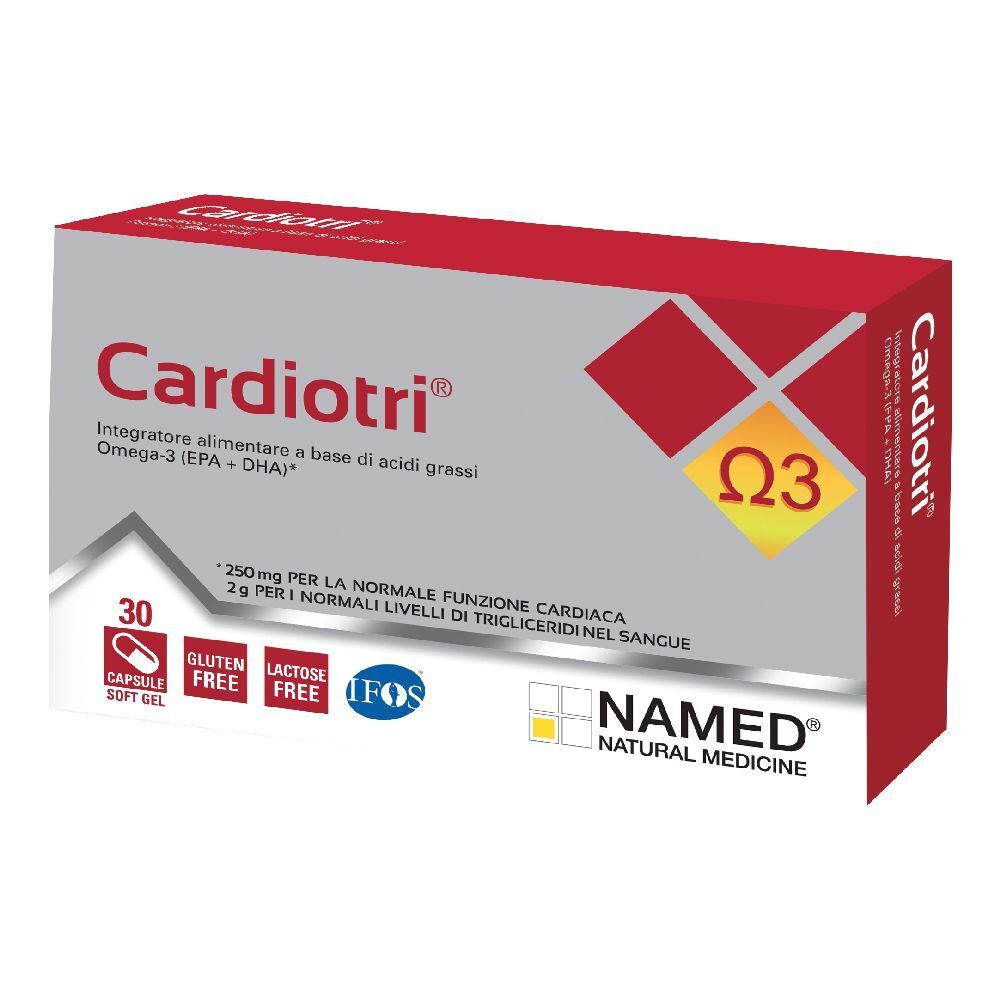 Scatola di capsule Cardiotri. Scritte: Cardiotri, Omega-3, 30 capsule, senza glutine, senza lattosio, certificazione IFOS, NAMED.