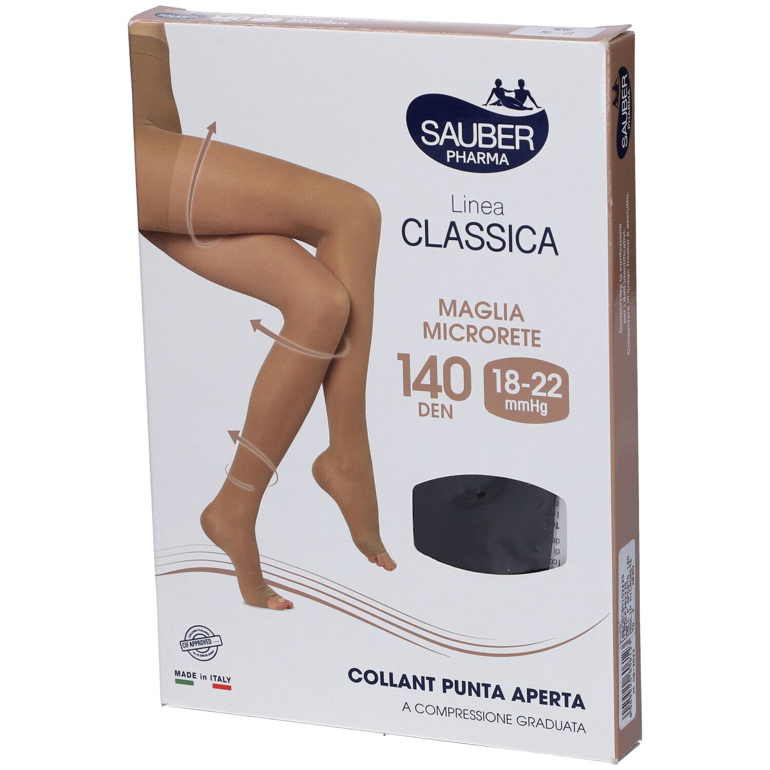 Confezione collant Sauber Pharma Classica, 140 den, punta aperta. Collant nero in mostra. Informazioni in italiano.