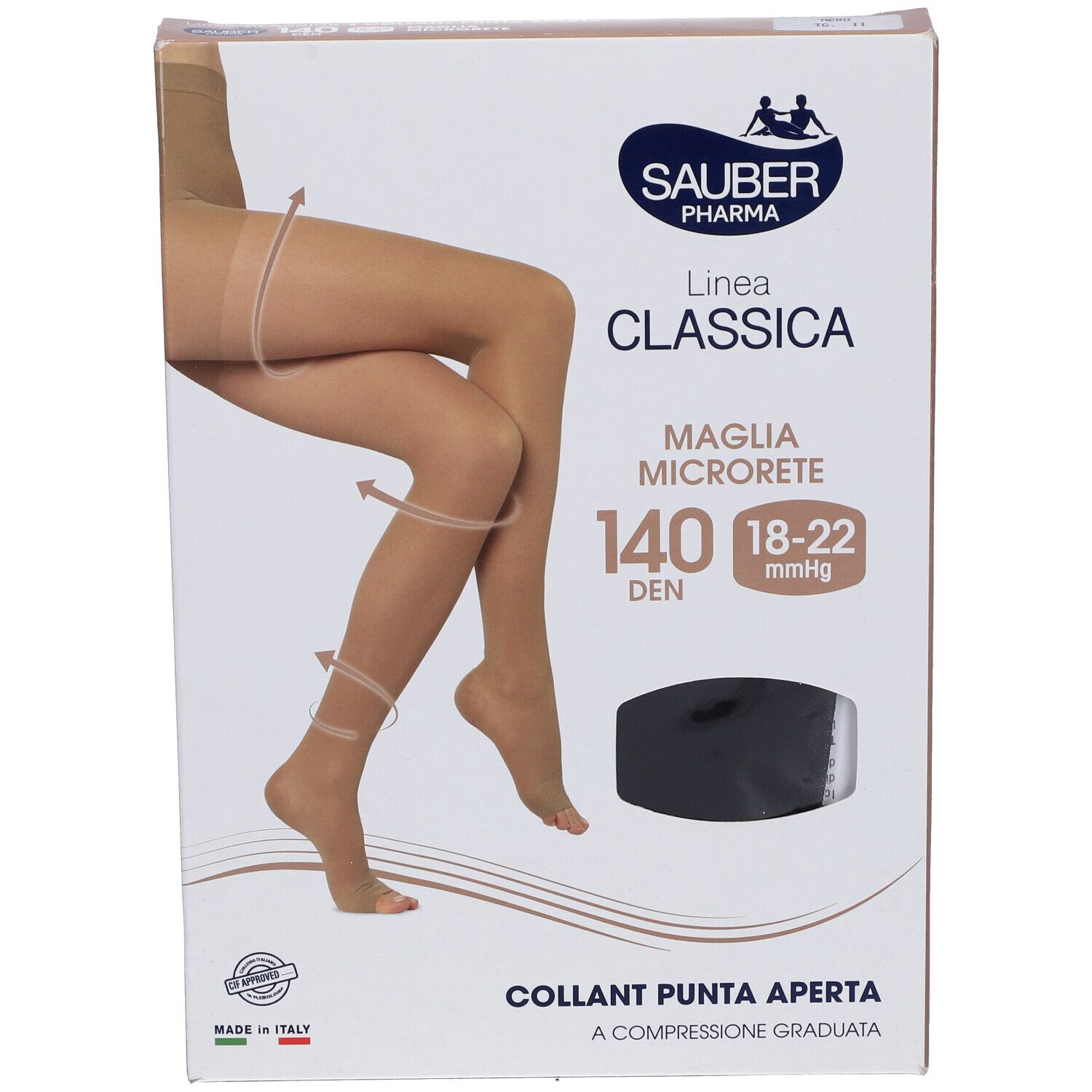 Confezione collant Sauber Pharma Classica, 140 den, punta aperta. Collant nero in mostra. Informazioni in italiano.