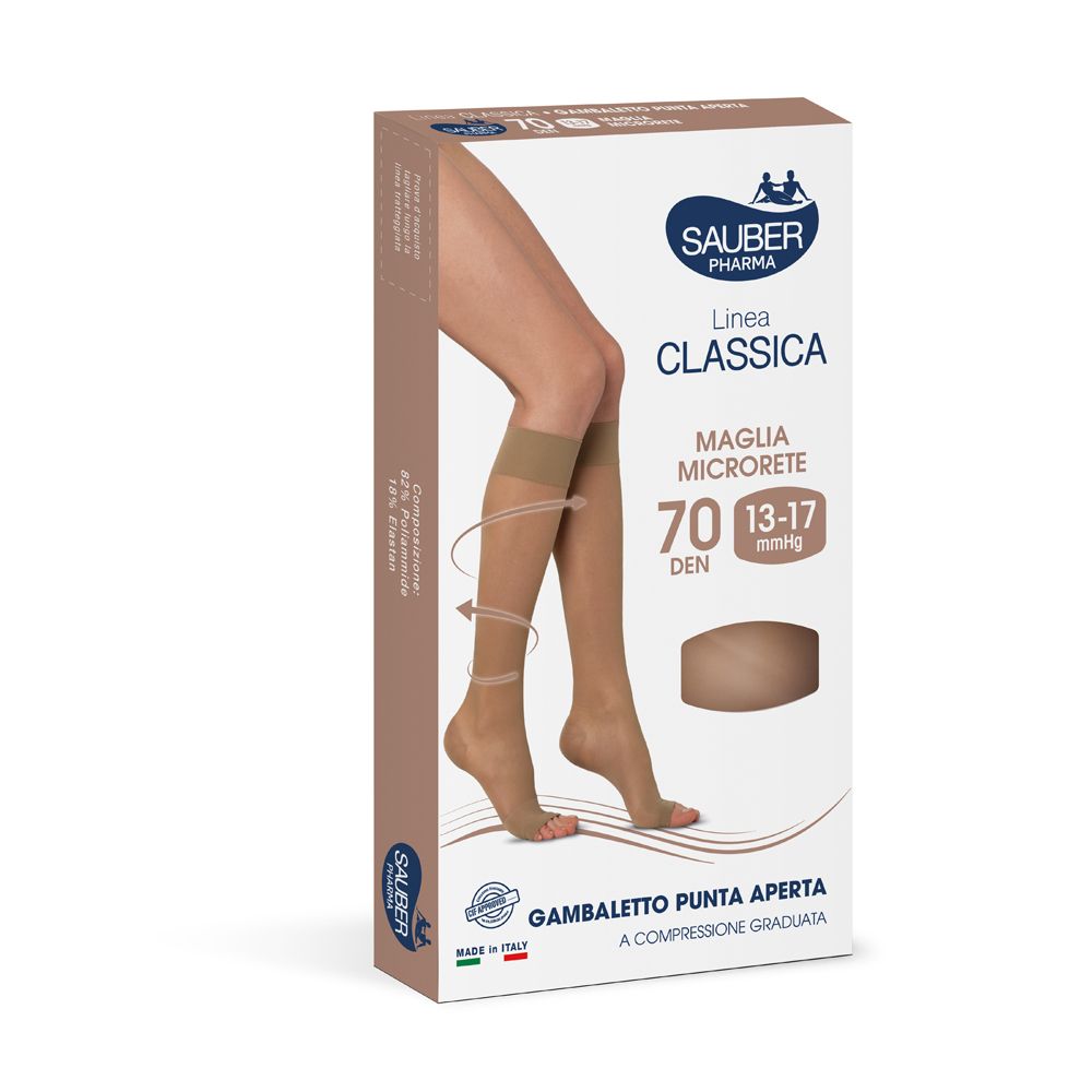 Confezione di calze a compressione Sauber Pharma Classica, 70 denari, punta aperta. Colori beige e marrone, gambe illustrate.