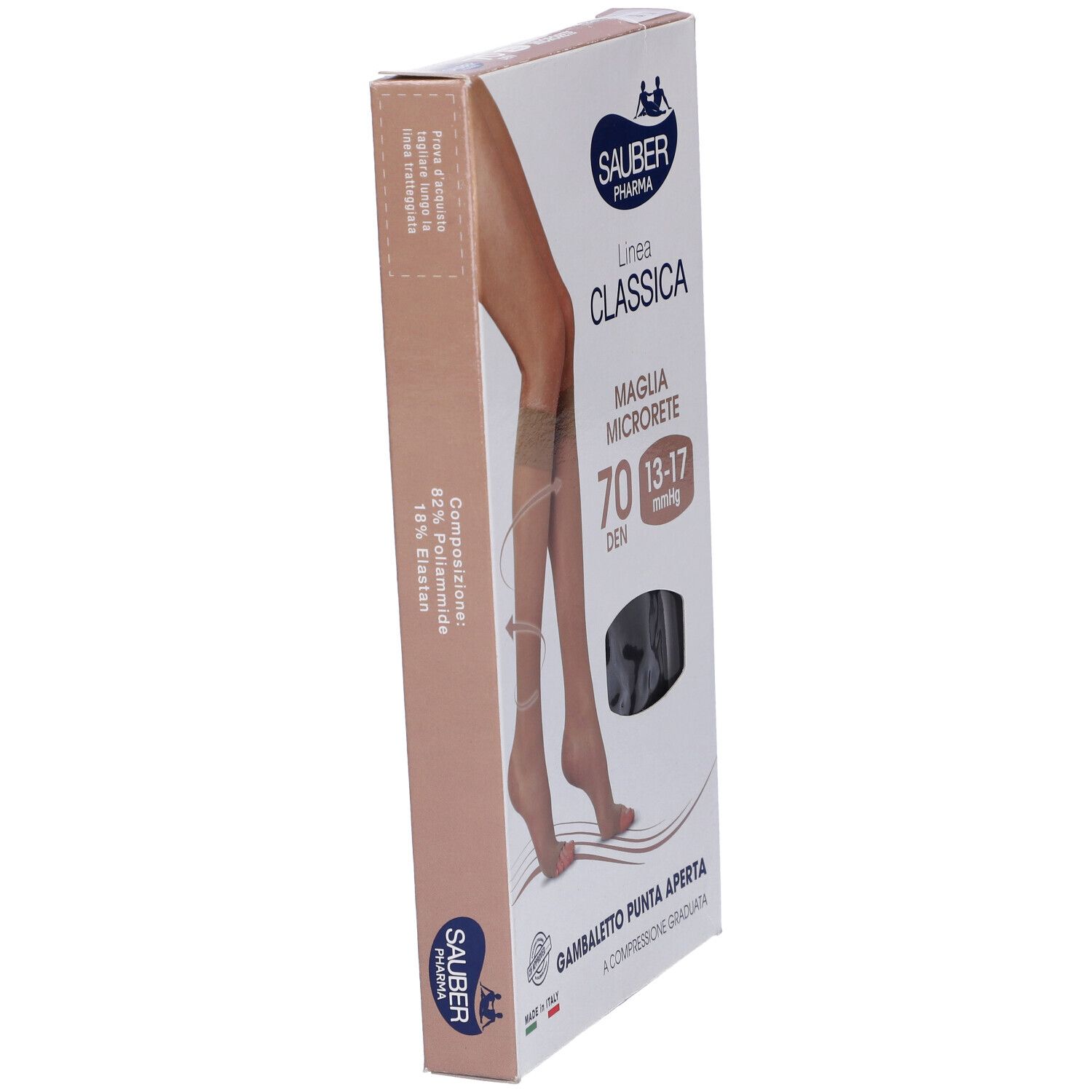 Confezione di calze a compressione Sauber Pharma Classica, 70 denari, punta aperta. Calze nere visibili.