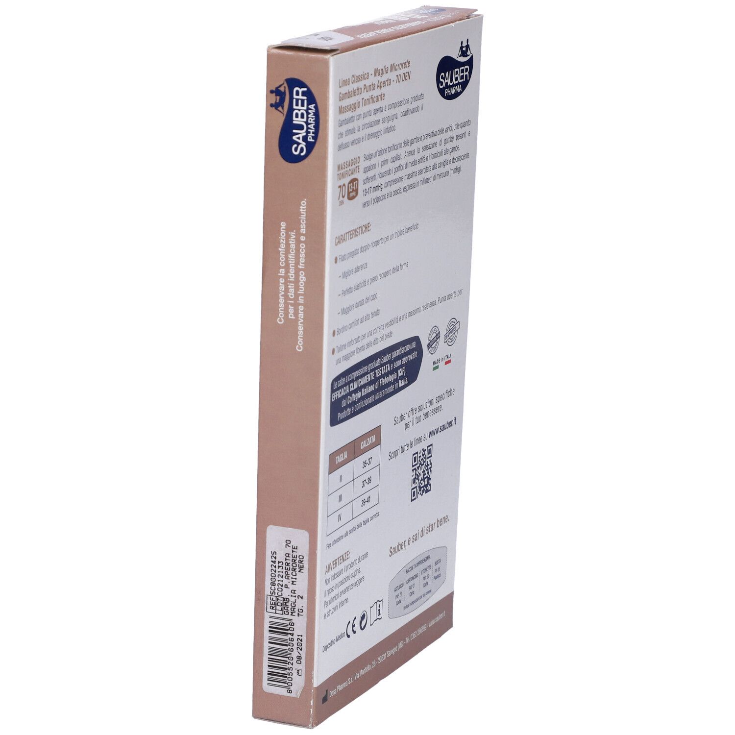 Vista laterale della confezione con informazioni sul prodotto. Sauber Pharma Classica, 70 denari. Testo in italiano.
