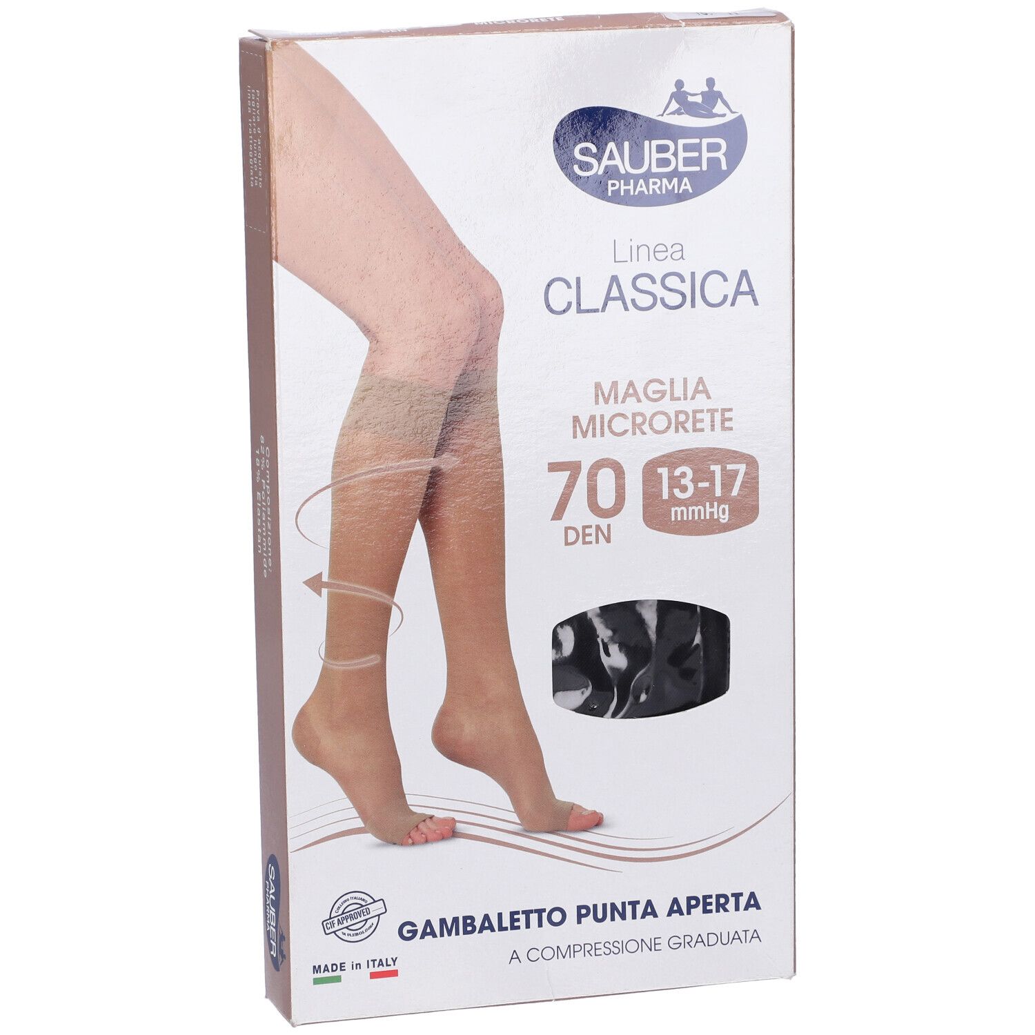 Confezione di calze a compressione Sauber Pharma Classica, 70 denari, punta aperta. Calze nere visibili.