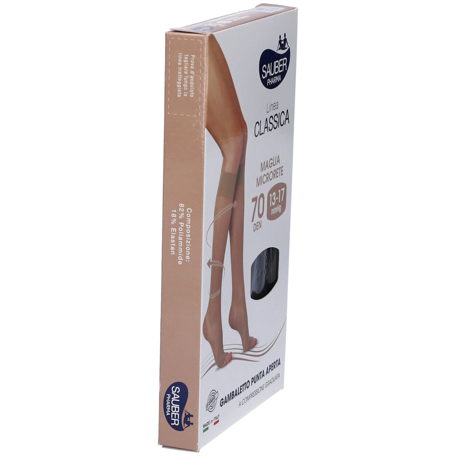 Confezione di calze a compressione Sauber Pharma Classica, 70 den, punta aperta. Calze nere illustrate. Vista laterale.