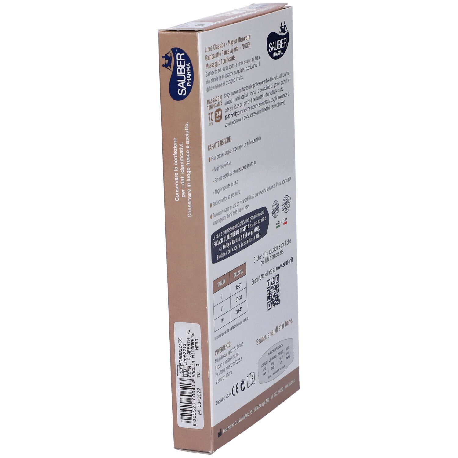 Retro della confezione con informazioni sul prodotto. Sauber Pharma Classica, 70 den, punta aperta. Testo in italiano.