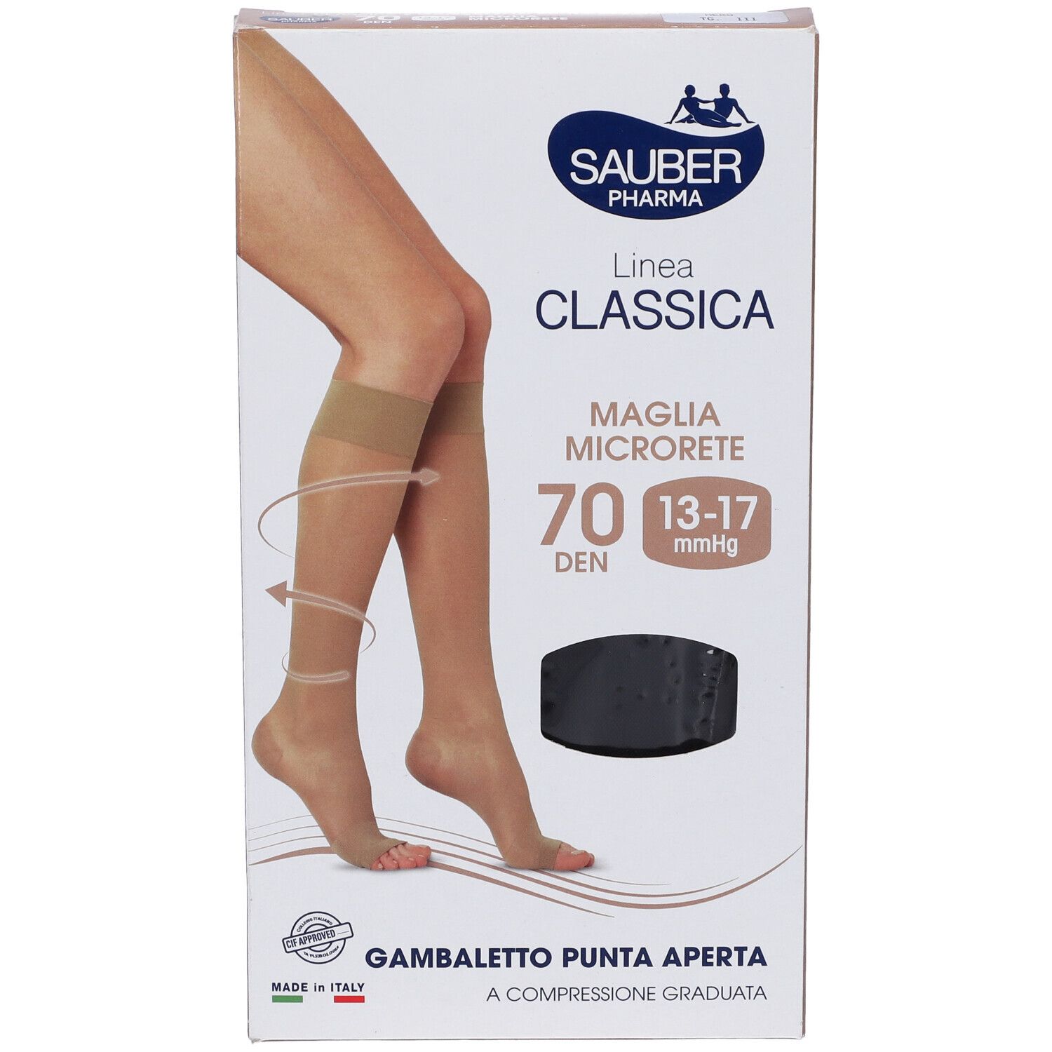 Confezione di calze a compressione Sauber Pharma Classica, 70 den, punta aperta. Calze nere illustrate. Scritte in italiano.