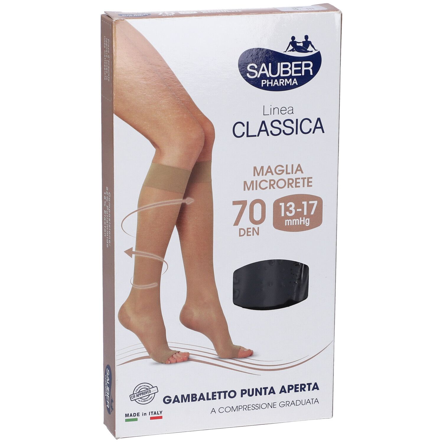 Confezione di calze a compressione Sauber Pharma Classica, 70 den, punta aperta. Calze nere illustrate. Scritte in italiano.